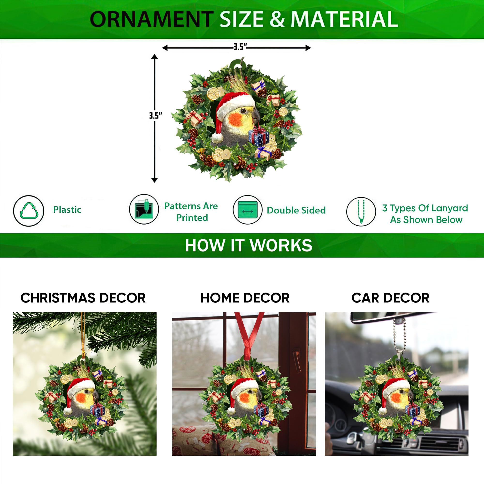 Talataca Cockatiel Christmas Hat Wreath - 2D Flat Car Mirror Hanging Charm & Tree Ornament - Cute Bird Decor for Rearview Mirror, Christmas Tree, Home & Gift Giving