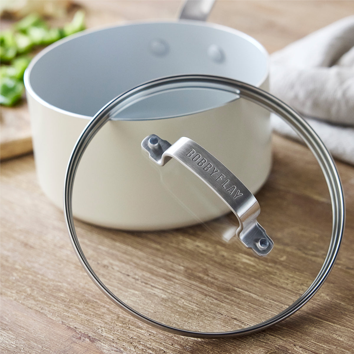 Bobby Flay by GreenPan Professional Ceramic Nonstick 2.53 Quart Saucepan with Lid - Cream | Healthy Cooking, Sauce Making, Pasta & Rice Preparation | Oven & Dishwasher Safe