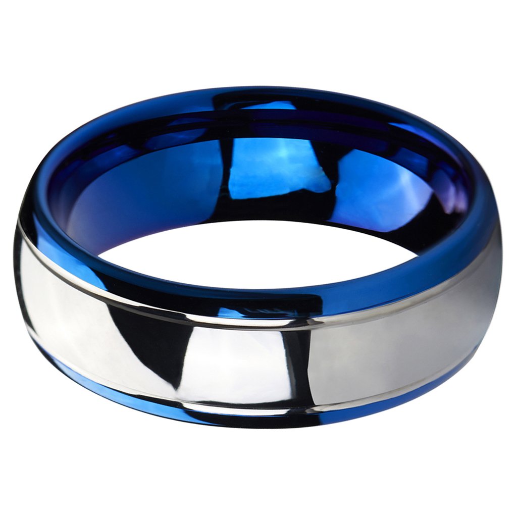 6mm & 8mm Blue Tungsten Carbide Wedding Bands for Men and Women - Silver Dome Engagement Rings for Couples - Perfect for Anniversaries, Proposals and Everyday Wear