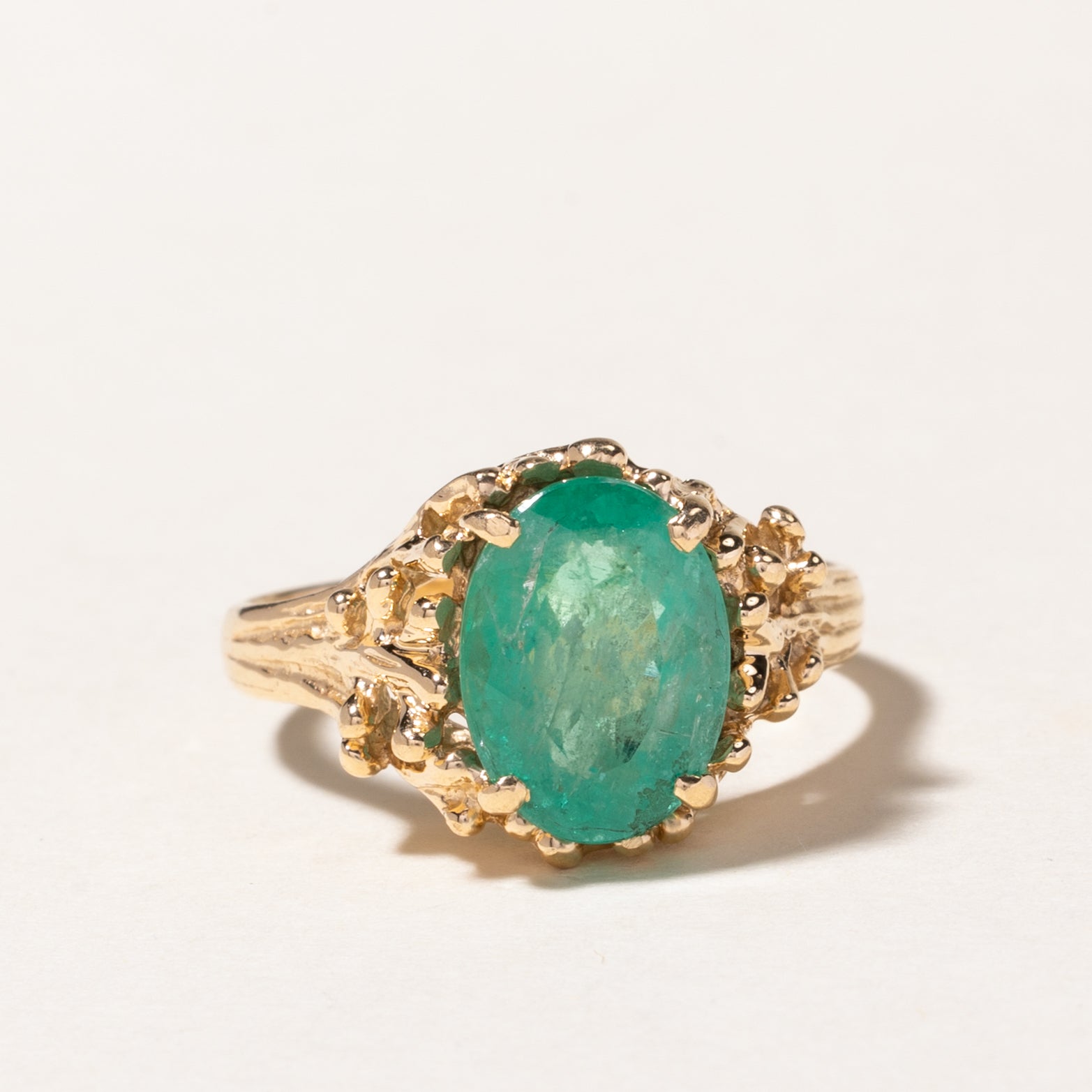 14K Oval Cut Emerald Textured Ring - 3.93ct Genuine Gemstone, Size 10.25 - Elegant Wedding, Engagement, Anniversary Jewelry Gift for Women