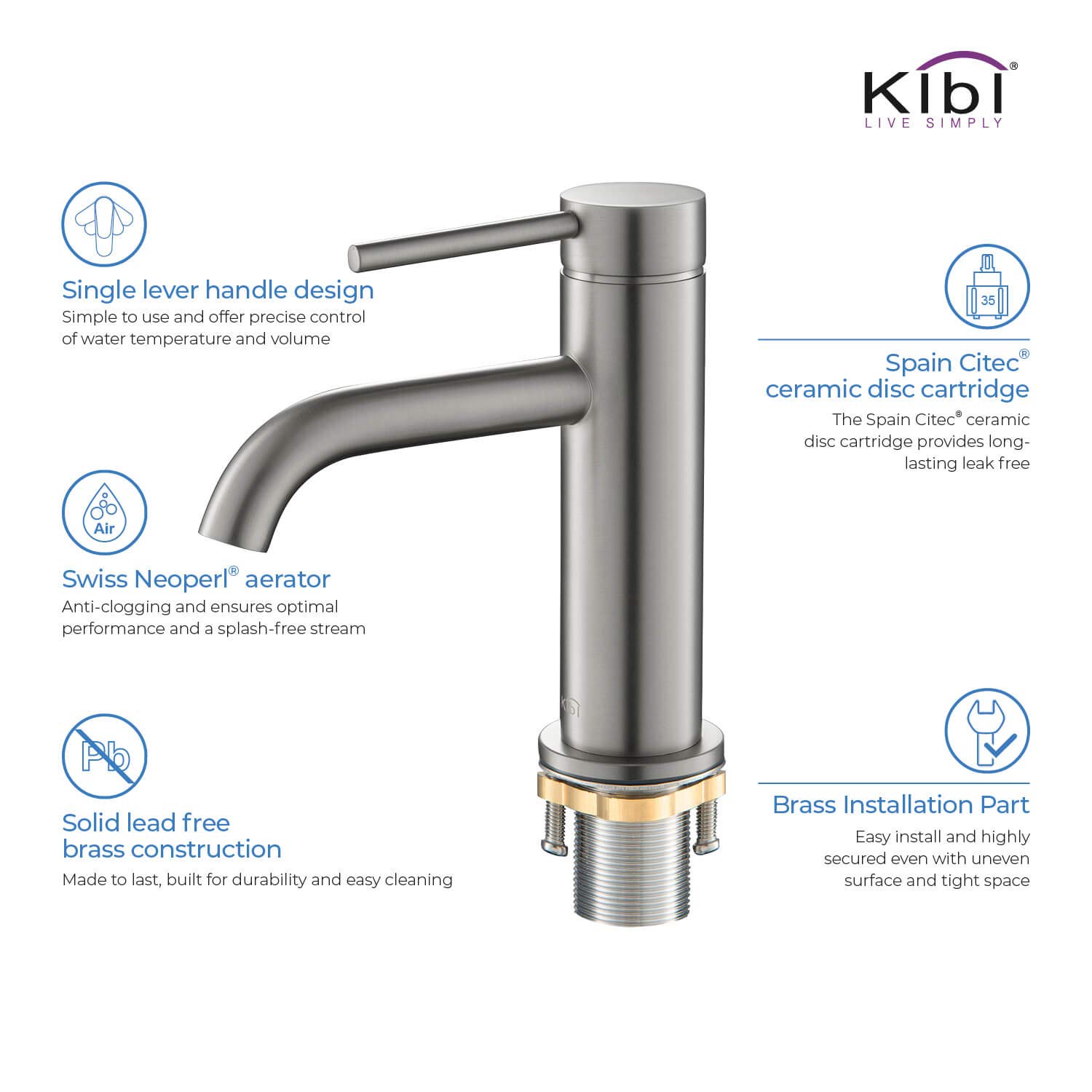 KIBI Brushed Nickel Single Handle Bathroom Sink Faucet - Solid Brass Construction with Water Supply Hose | Corrosion-Resistant & Durable Bathroom Vanity Faucet for Modern Homes (Model KBF1008) | Perfect for Guest Bathrooms, Powder Rooms & Master Suites