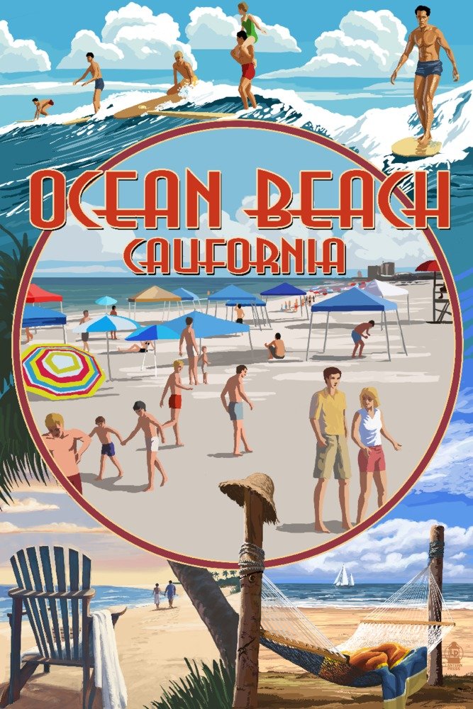 Ocean Beach California Beach Montage 76957 - 24x36 Signed Art Print, Wall Decor Poster for Living Room, Bedroom & Office - Coastal Landscape Photography, Home Decoration Gift Idea