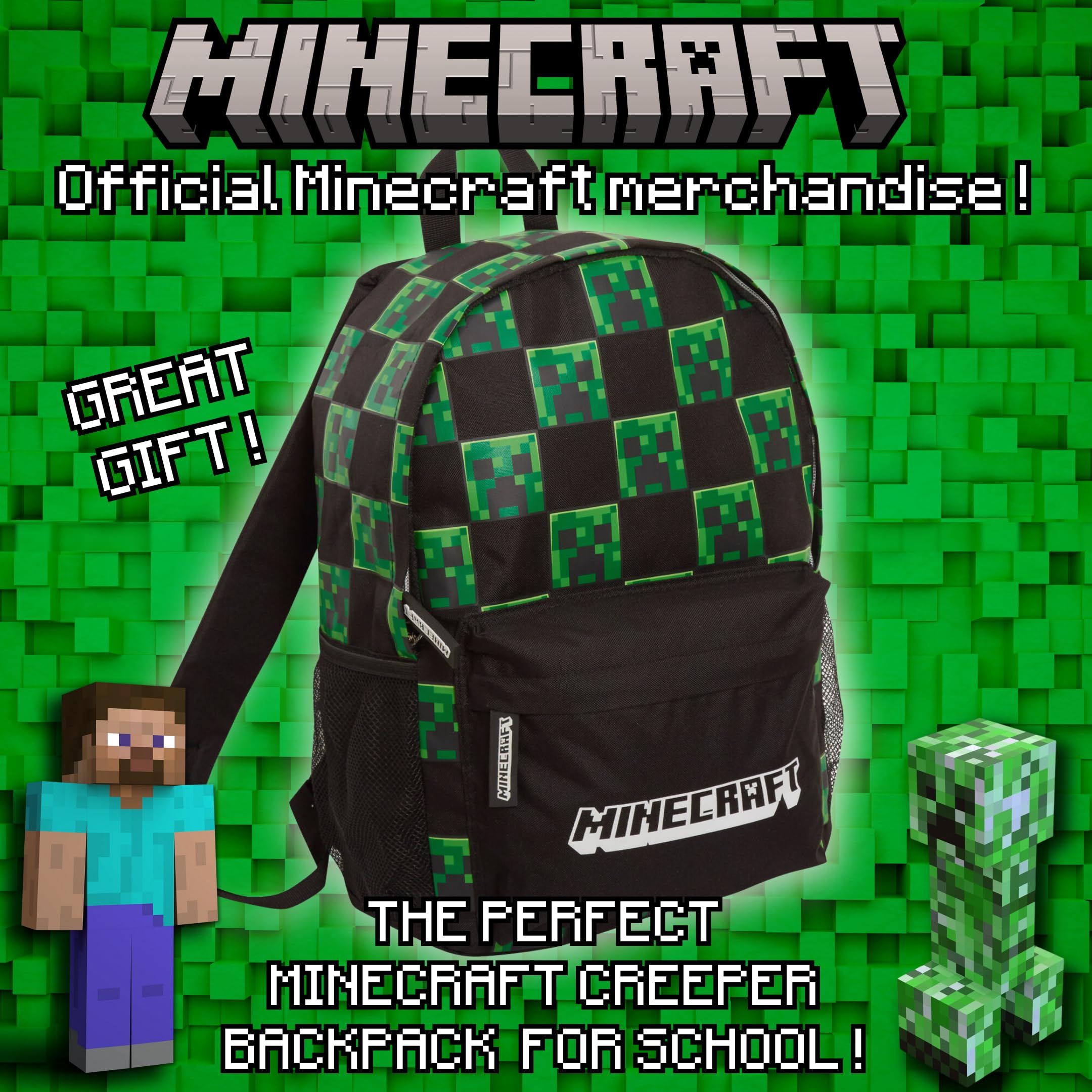 Minecraft Creeper Themed Gaming Backpack for Kids & Adults - Durable Laptop Backpack for School, Work & Travel - Perfect Gift for Gamers & Minecraft Fans
