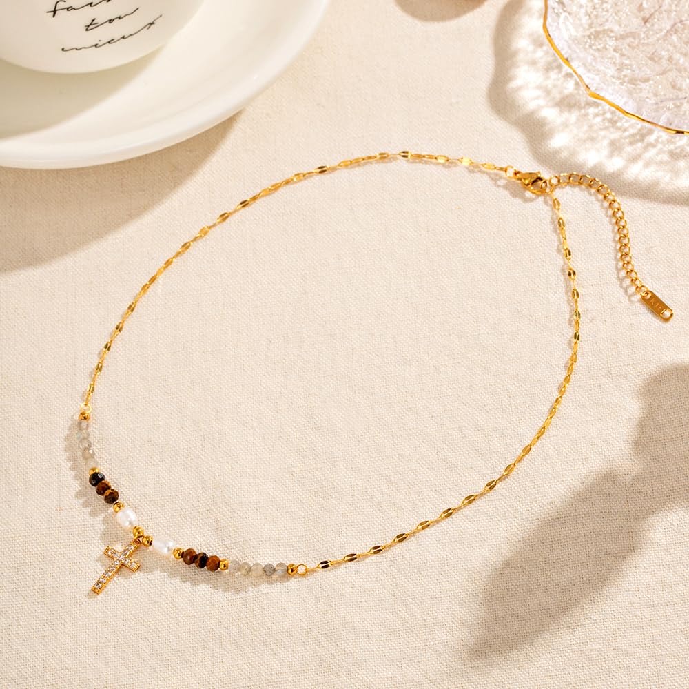 Gold Cross Necklace for Women - Handmade Gemstone Choker with Pearl Beads | Elegant Birthday Gift & Good Luck Jewelry | Perfect for Church, Weddings & Special Occasions