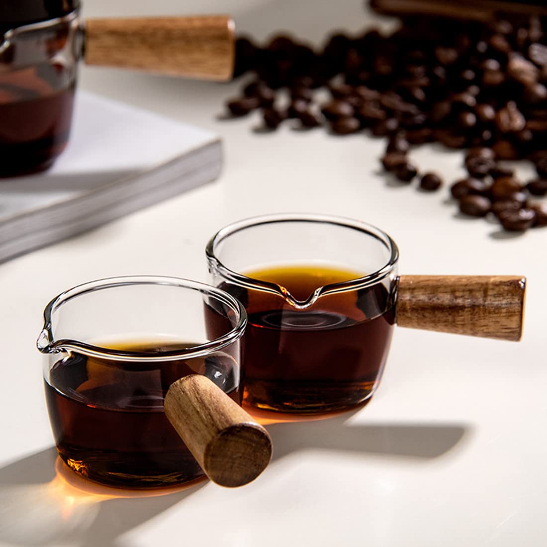 Premium Wooden Handle Coffee Extraction Cup & Milk Jug Set (2pcs, 50ml) - Small Glass Espresso Milk Frothing Pitcher with Spoon - Perfect for Latte Art, Cappuccino Making & Coffee Barista Use