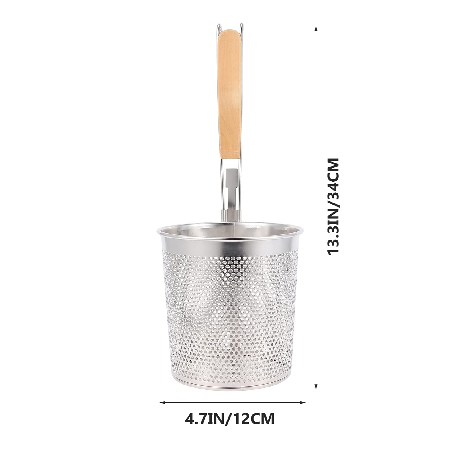 Stainless Steel Large Round Wok Strainer Colander with Wooden Handle - 12cm Fry Basket for Udon, Pasta, Noodle & Ramen | Perfect for Rinsing, Straining, Boiling & Frying | Ideal for Asian Cooking, Kitchen Prep & Deep Frying