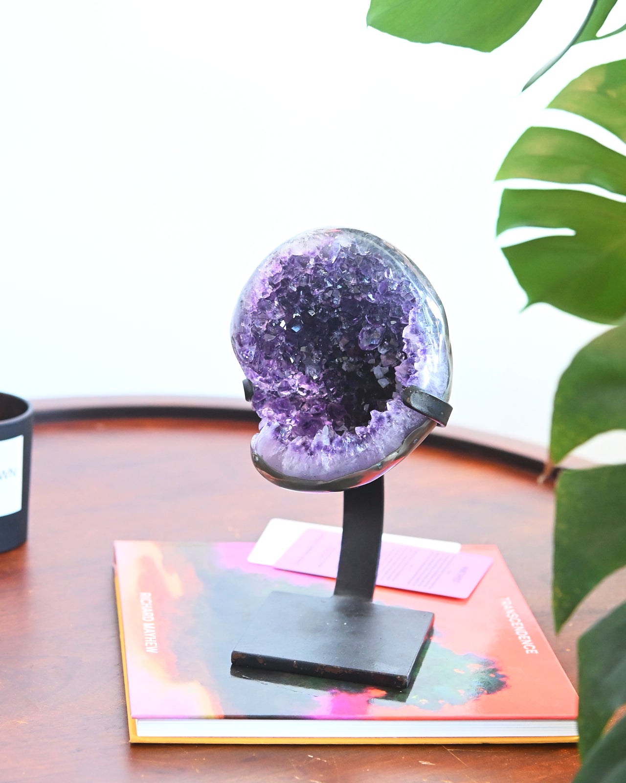 Natural Amethyst Geode on Wooden Stand - 5.2lbs Raw Purple Crystal Cluster - Home Decor, Meditation & Healing Stone - Perfect for Living Room, Office or Gift