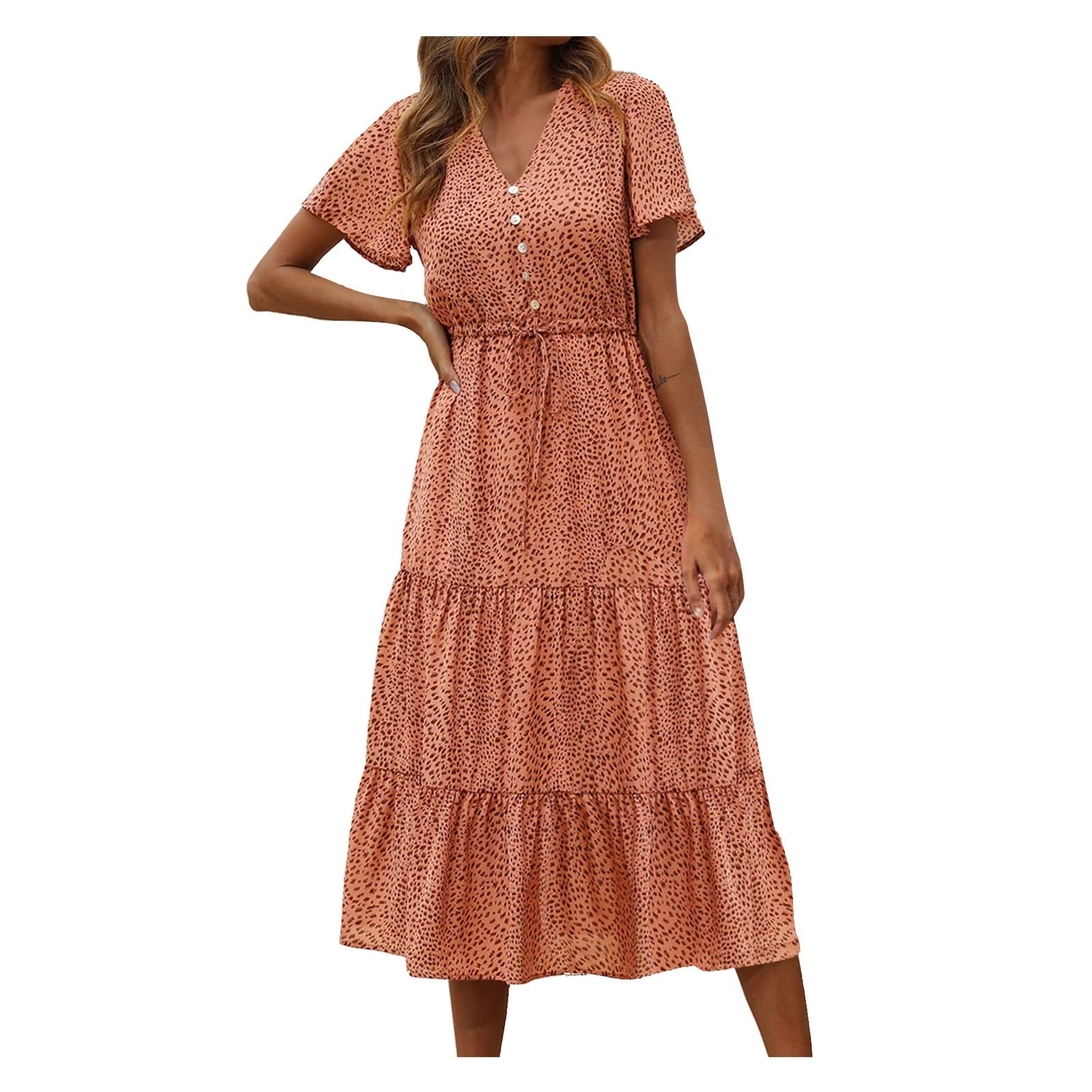 Women's Black Floral Boho Dress - Modest Casual Short Sleeve Ruffle Tiered V-Neck Midi Dress for Tall Ladies | Perfect for Summer Outings, Beach Vacations & Boho Chic Style