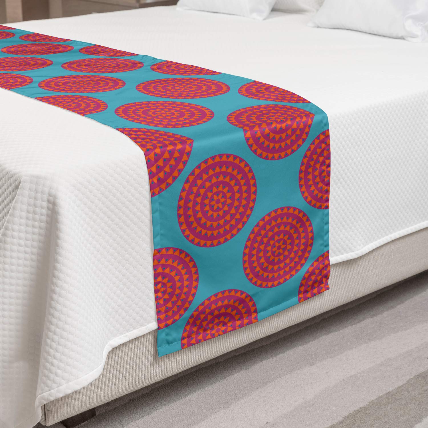 Ambesonne Vintage Bed Runner - Geometric Circles, Dots & Triangles Floral Print Decorative Bed Scarf | Queen Size Dark Seafoam Magenta | Perfect for Hotel Beds, Home Decor & Guest Room Styling