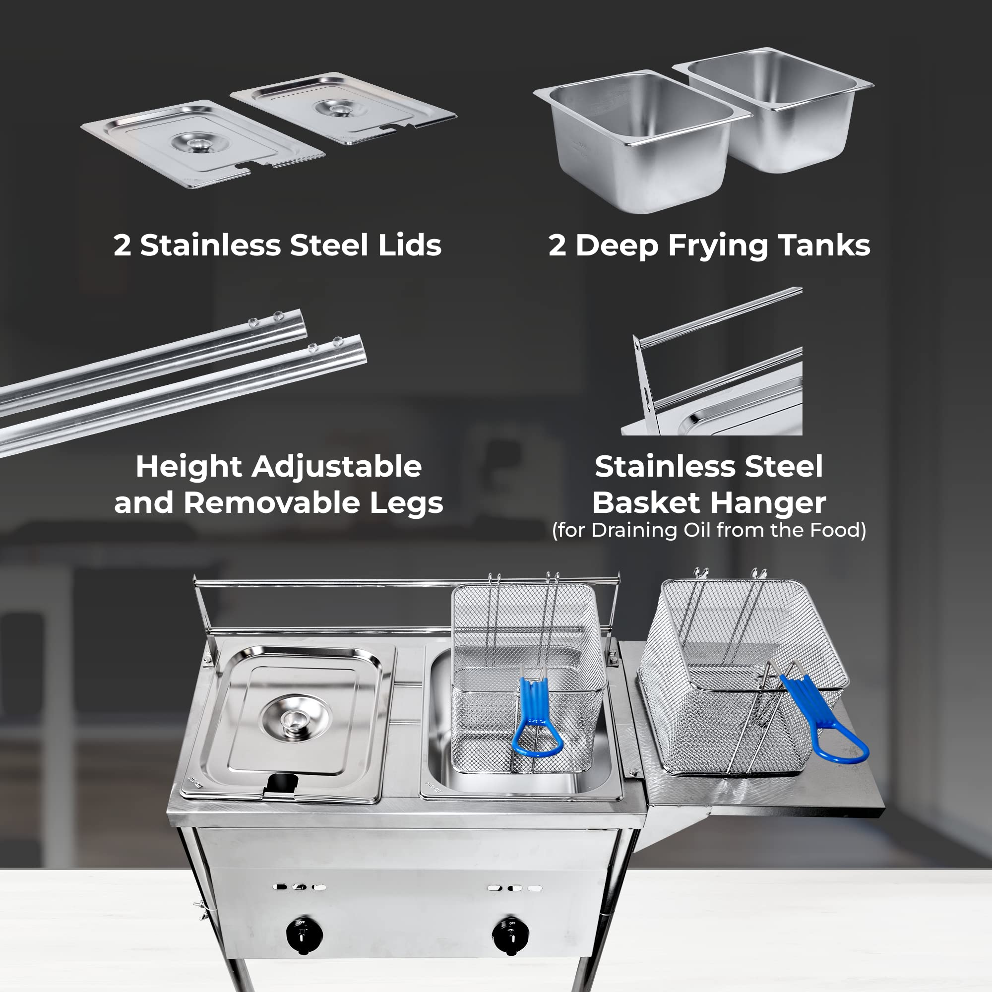 Commercial Grade Two Tank Outdoor Propane Deep Fryer with Thermometer - 2 Stainless Steel Baskets & Lid Covers - High Capacity Oil Tank with Adjustable Regulating Knobs | Perfect for Backyard BBQs, Tailgating, and Outdoor Cooking Events