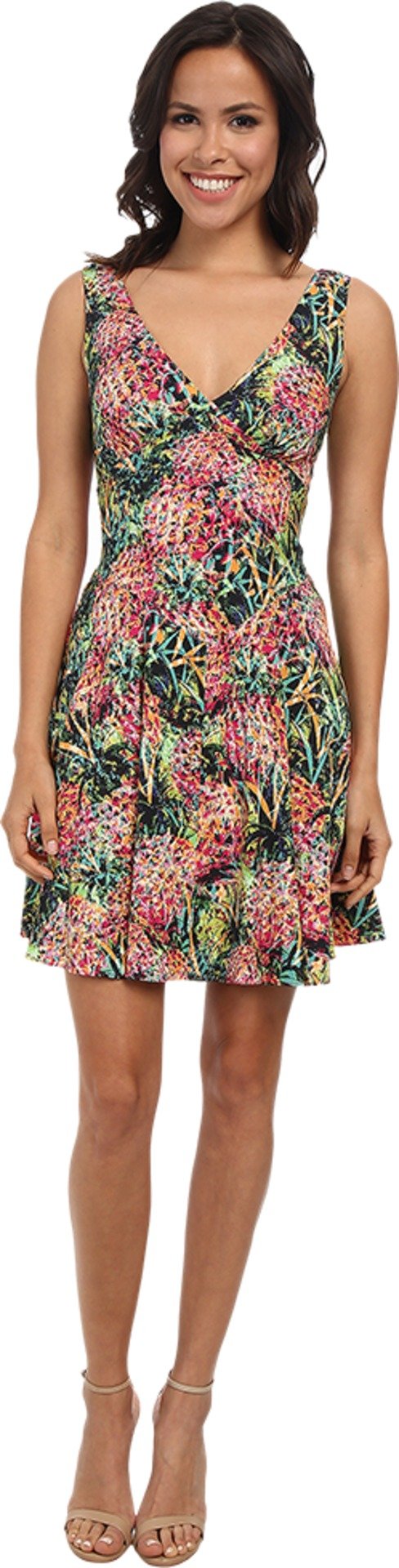 Nicole Miller Women's Pina Crepe V-Neck Tank Dress - Flowy Multi-Color Summer Dress Size 6 for Casual Outings, Beach Vacations & Cocktail Parties