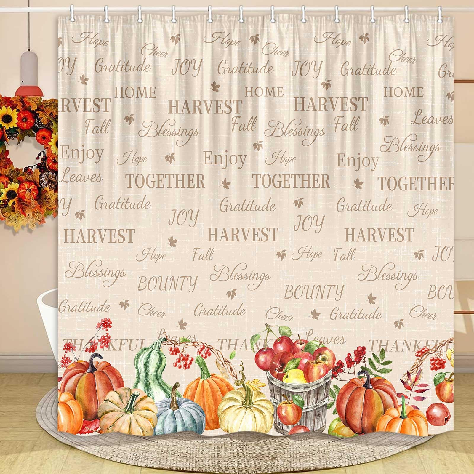 JAWO Thanksgiving Shower Curtain - Waterproof Autumn Maple Leaves & Pumpkin Design Bathroom Decor, 72x72 Inch Fall Harvest Shower Curtain Set with Hooks - Perfect for Seasonal Bathroom Makeover & Thanksgiving Home Decor