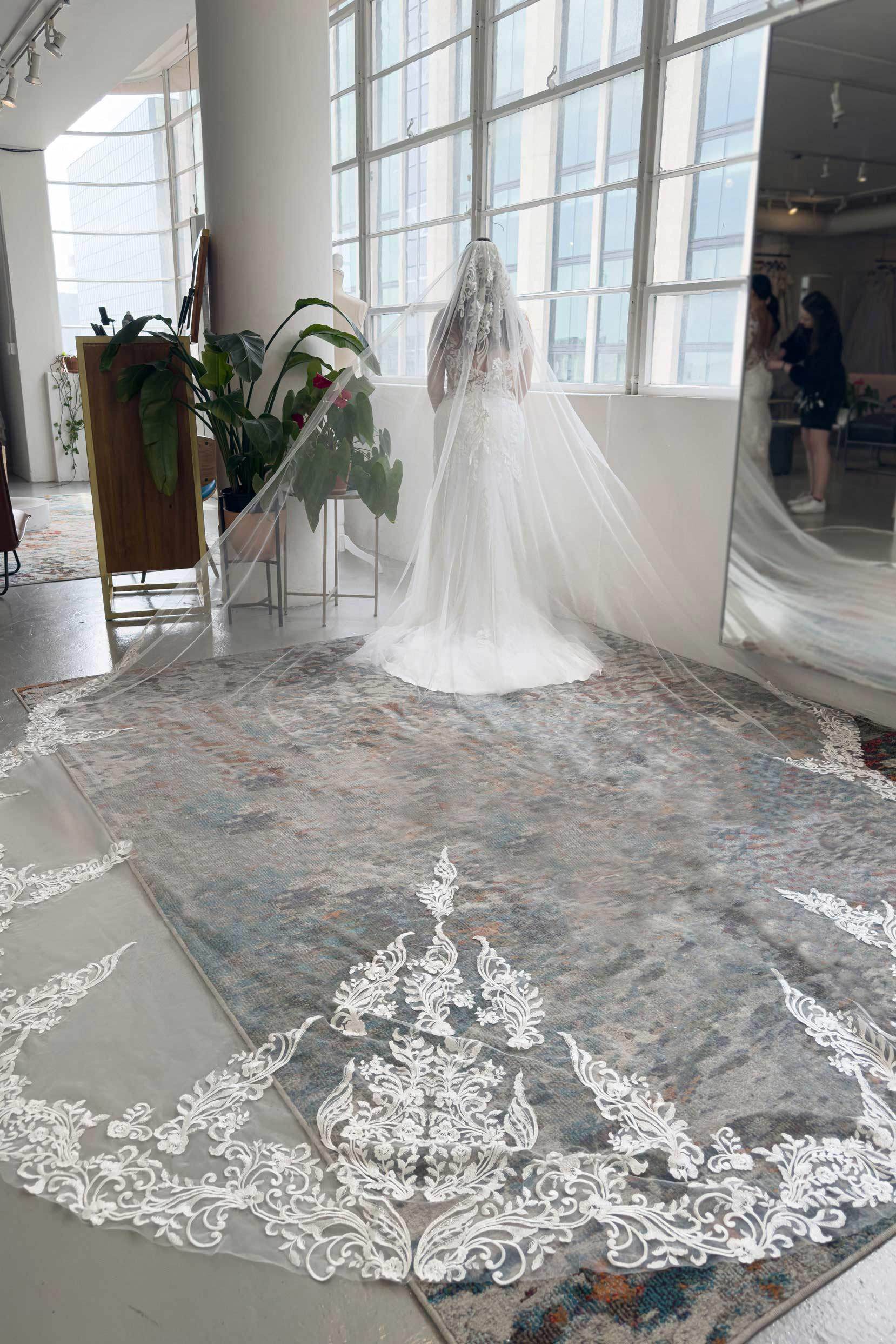 Elegant One-Tier Lace Edge Tulle Cathedral Wedding Veil with Appliques (CV0331) - Perfect for Bridal Ceremonies, Formal Events & Vintage-Inspired Weddings