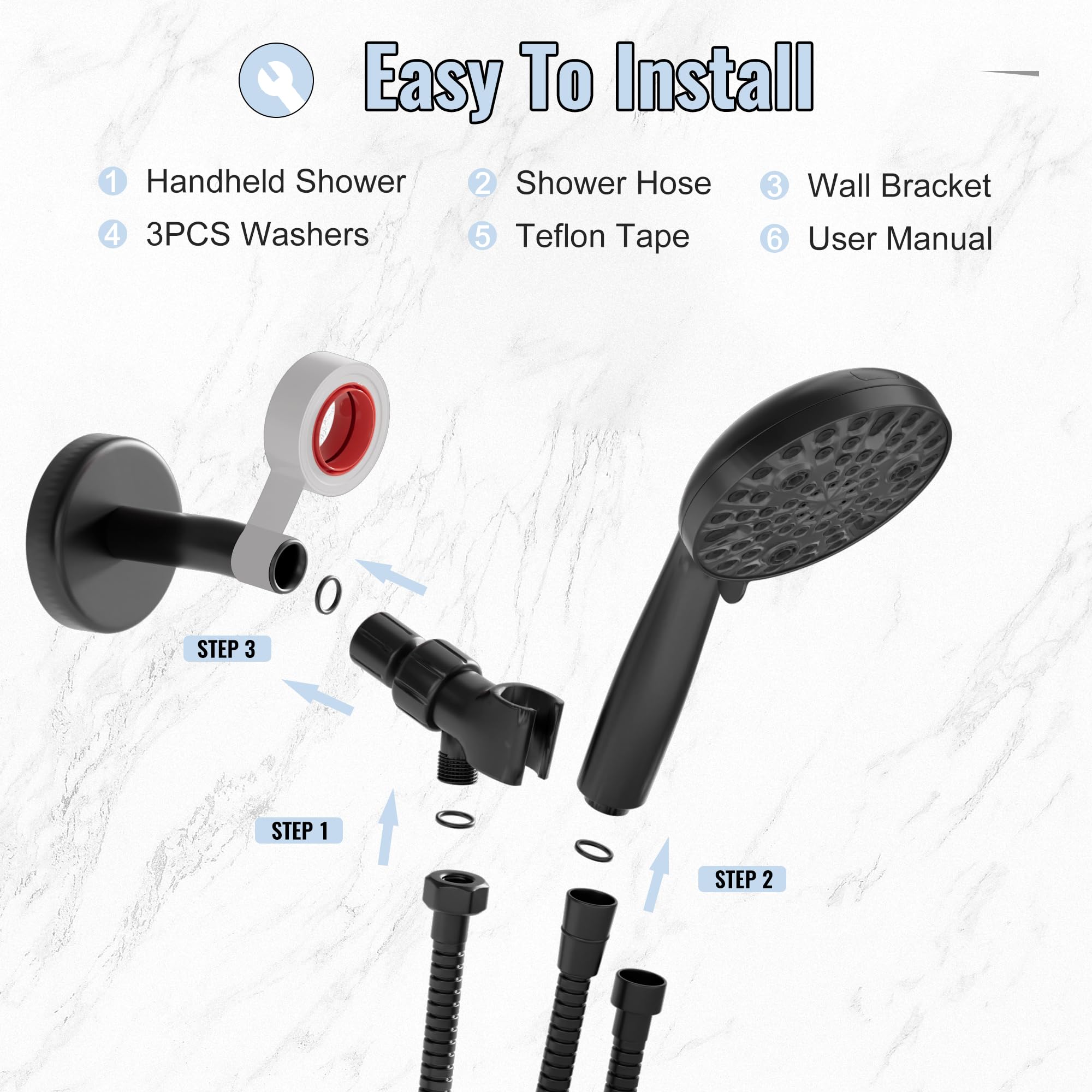 TRE Home High Pressure Shower Head with Handheld Spray - 10 Function Detachable Shower Head with Hose - Perfect for Bathroom, Spa & Pet Washing (Black)