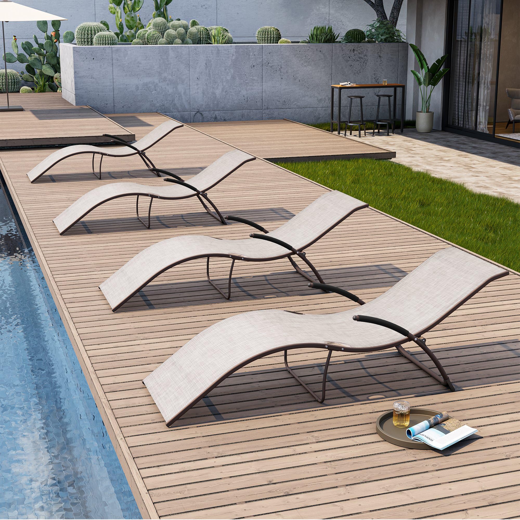 4-Piece Patio Chaise Lounge Set - Folding Outdoor Sunbathing Chairs with Headrest, All-Weather Poolside Furniture in Beige | Perfect for Backyard, Beach, and Garden Relaxation
