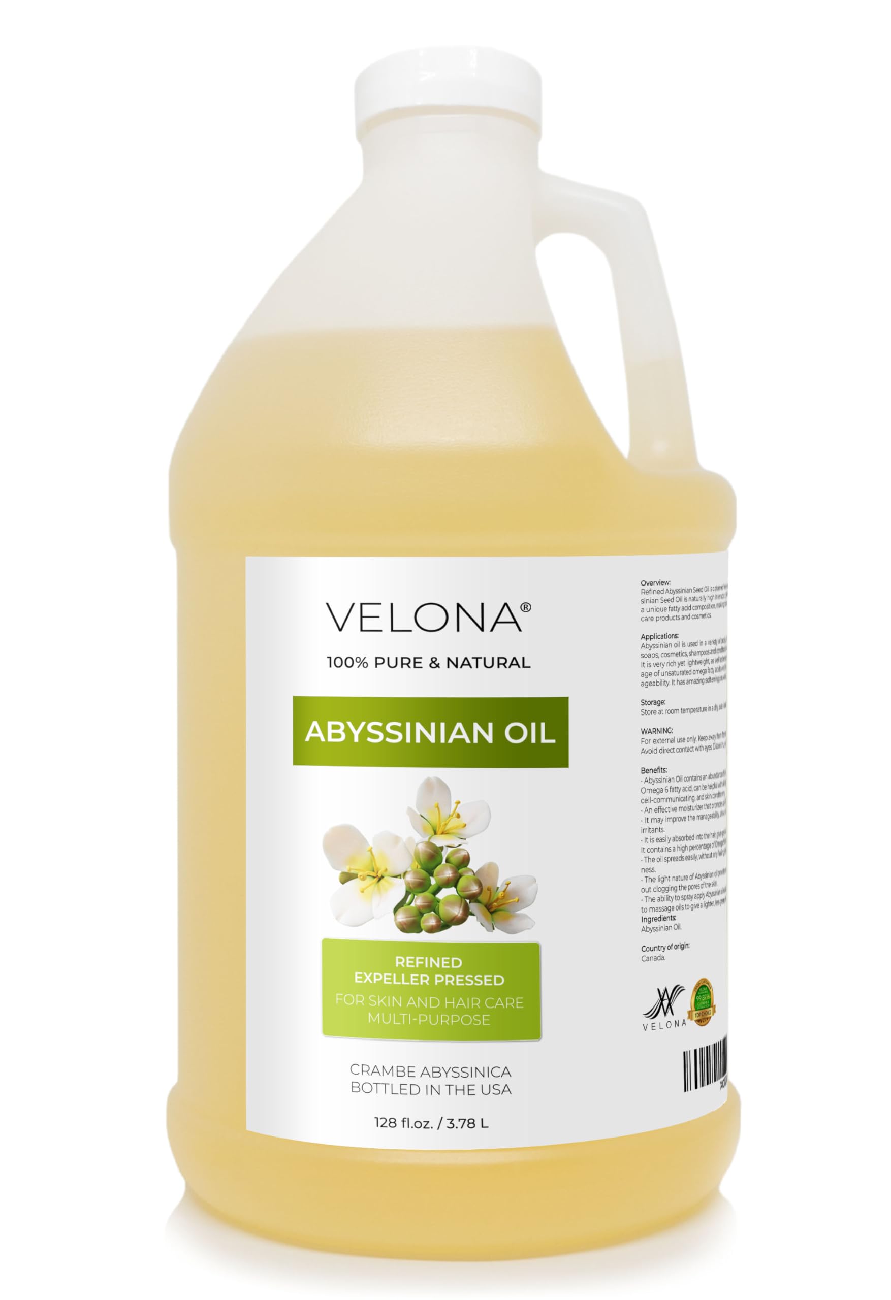 Velona Abyssinian Oil 1 Gallon (128 Fl Oz) - 100% Pure Natural Cold Pressed Carrier Oil for Hair Growth, Skin & Body Care | Moisturizing & Nourishing | Perfect for DIY Beauty Products, Massage & Aromatherapy