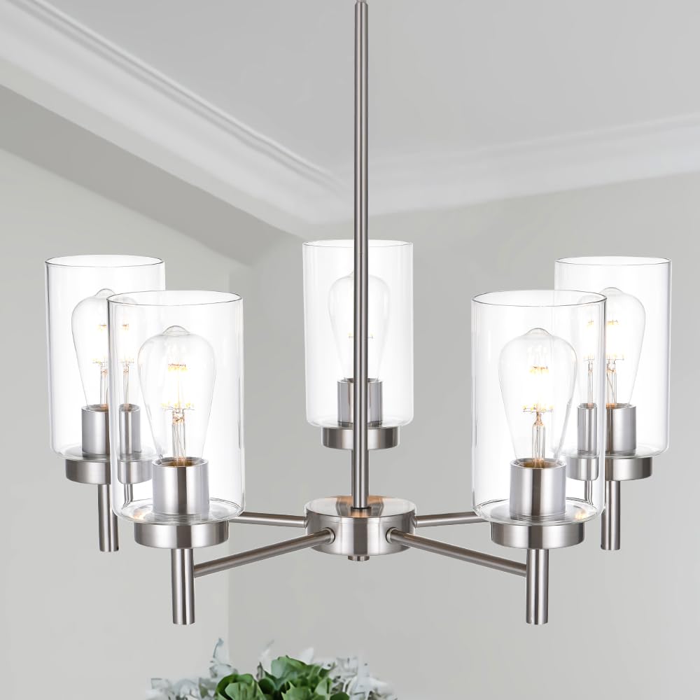 5-Lights Modern Chandelier in Brushed Nickel - Farmhouse Style Dining Room Pendant Light with Clear Glass Shades - Perfect for Kitchen, Living Room, Bedroom - Compatible with E26 Bulb Base - Elegant Ceiling Lighting for Home Decor