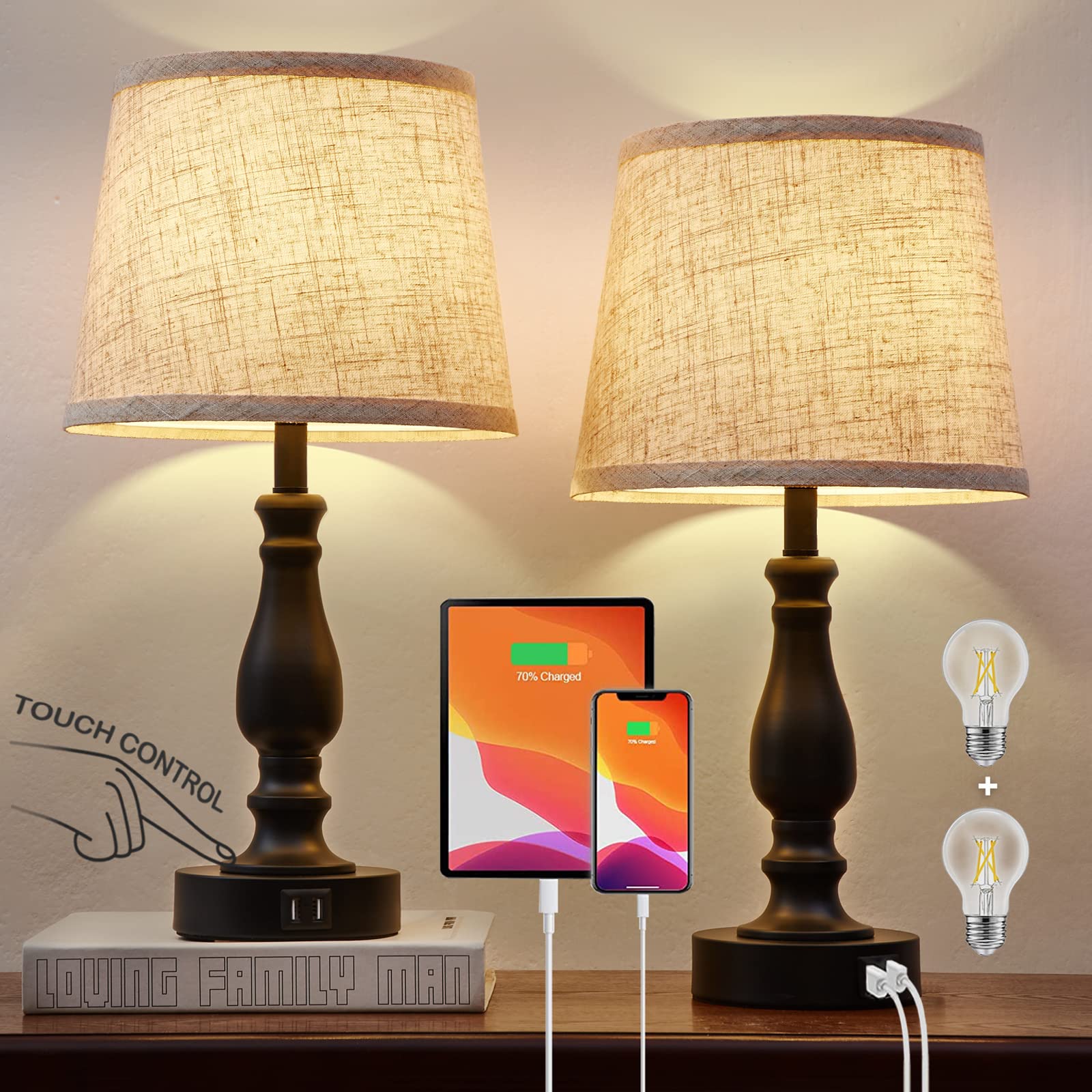 Modern Table Lamps Set of 2 with USB Charging Ports - 3-Way Dimmable Touch Control Nightstand Lamps with Linen Fabric Shade for Bedroom, Living Room, Office (Bulbs Included) | Perfect for Reading, Relaxing & Charging Devices