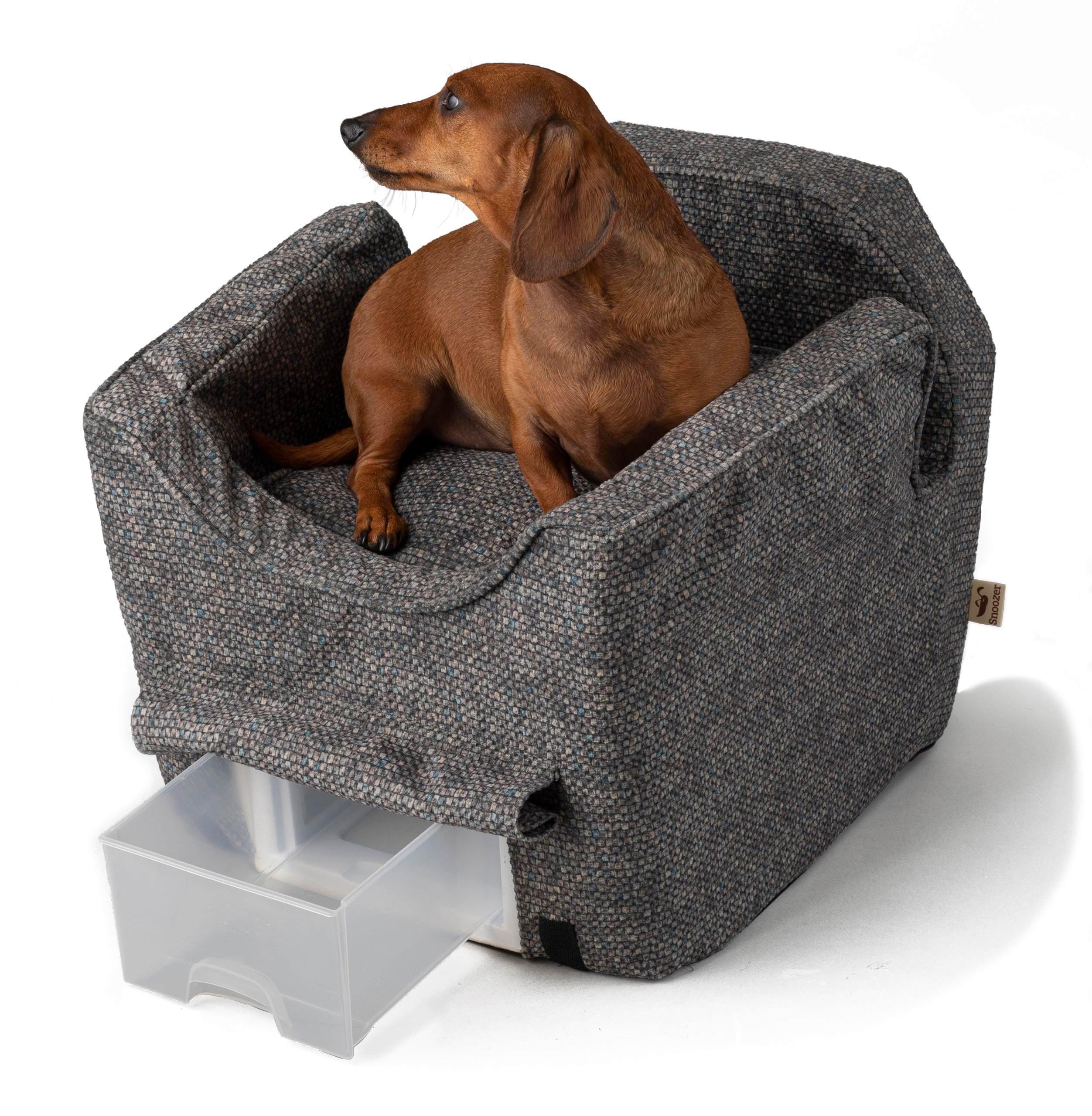 Snoozer Lookout II Dog Car Seat for Small Dogs 0-15 lbs - Washable Pet Car Seat with Storage Tray & Safety Harness - Travel Accessory to Prevent Dog Motion Sickness - Perfect for Road Trips & Vet Visits (Merlin Pewter Color)