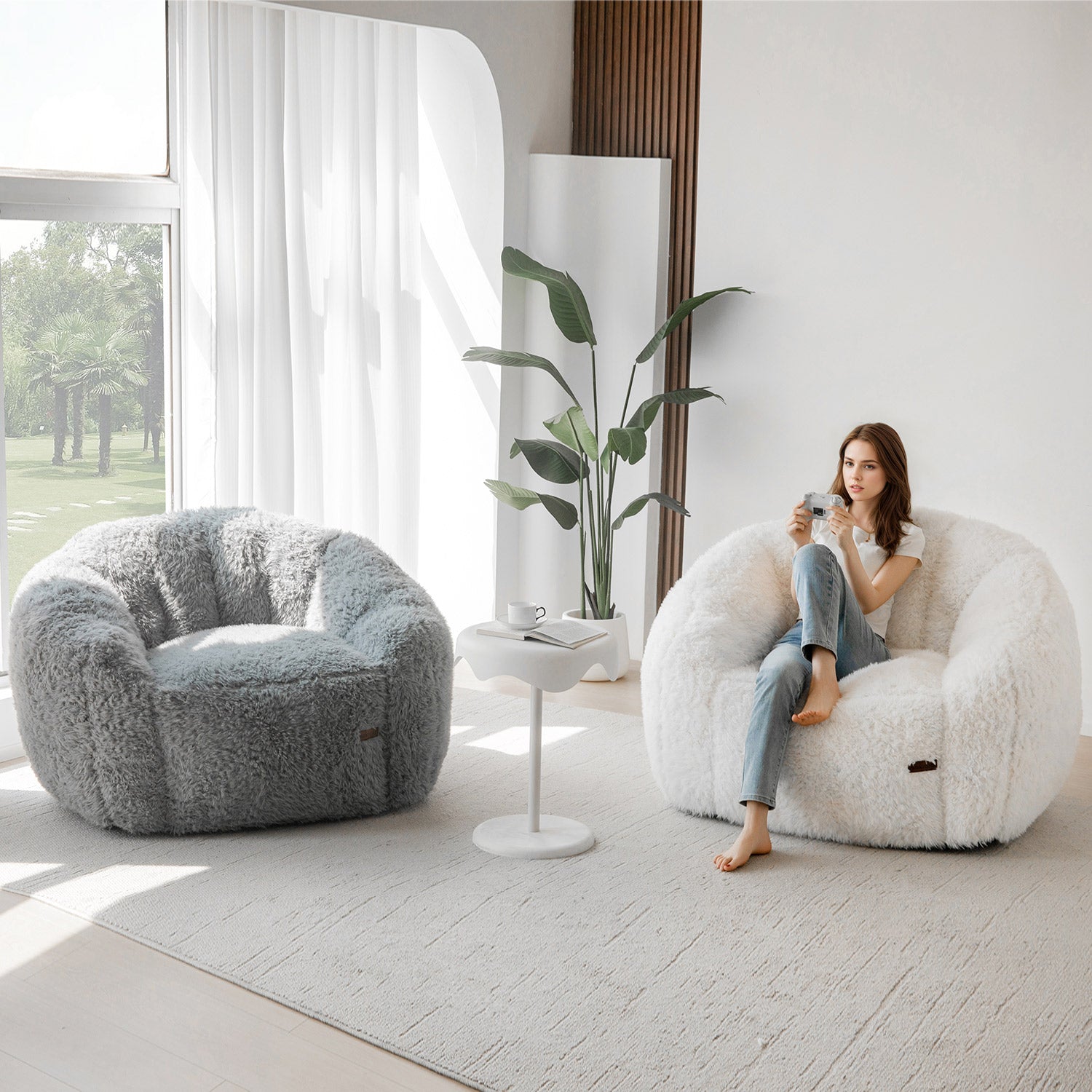 MAXYOYO Giant Bean Bag Chair - Fluffy Shaggy Floor Sofa with Shell Design, White - Perfect for Living Room, Bedroom, Dorm & Game Room Comfortable Seating