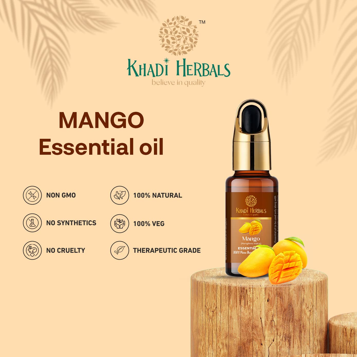 Khadi Herbals 100% Pure Natural Mango Essential Oil (Mangifera Indica) - 10ml with Dropper | Steam Distilled for Aromatherapy, Massage & Skin Care