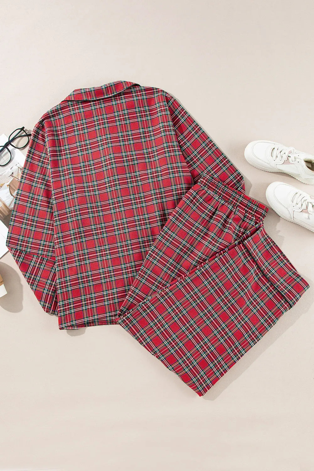 Plus Size Plaid Collared Neck Top and Pants Lounge Set - Comfortable Women's Loungewear for Home, Travel & Relaxation