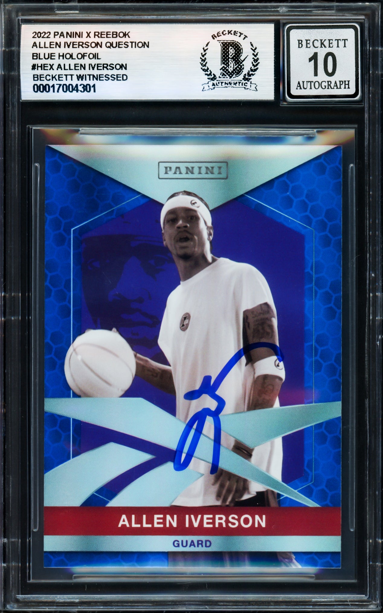 Allen Iverson Autographed 2022 Panini X Reebok Blue Holofoil Basketball Card #HEX Philadelphia 76ers Beckett BAS Witness Gem Mint 10 Graded - Perfect for NBA Memorabilia Collectors and 76ers Fans Display