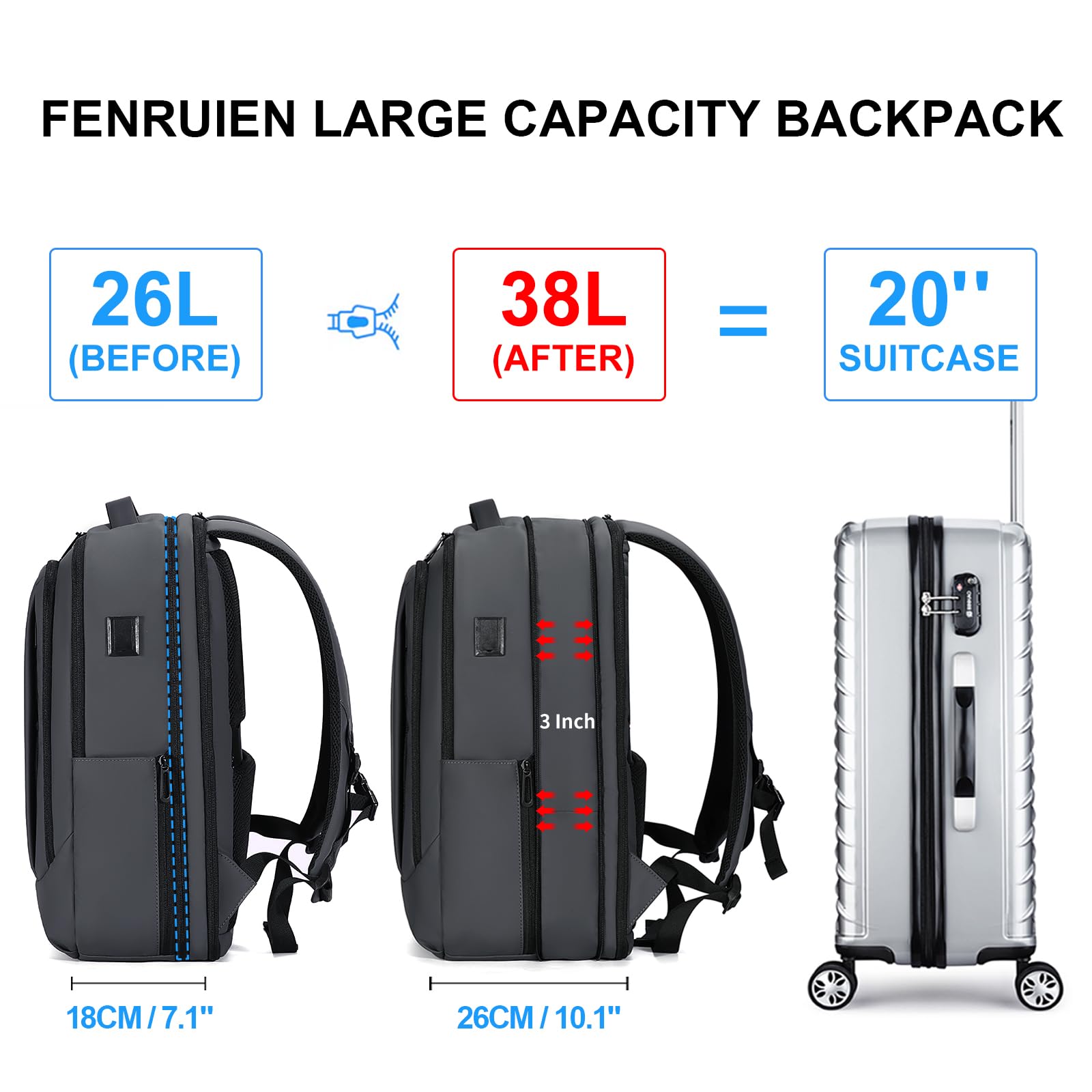 FENRUIEN Expandable Business Travel Backpack with USB Charging Port - 15.6 Inch Laptop Backpack for College, Work & Commuting - Water-Resistant Gray Computer Backpack for Men & Women - Perfect for Business Trips, Daily Office Use & Campus Life