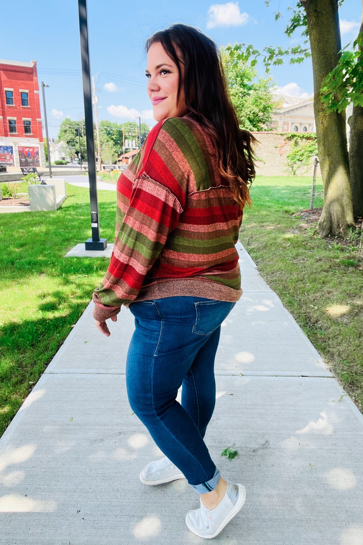 Stylish Olive & Mauve Striped Two-Tone Banded Sweater Top for Women | Casual Fall Fashion | Perfect for Office Wear & Weekend Outfits