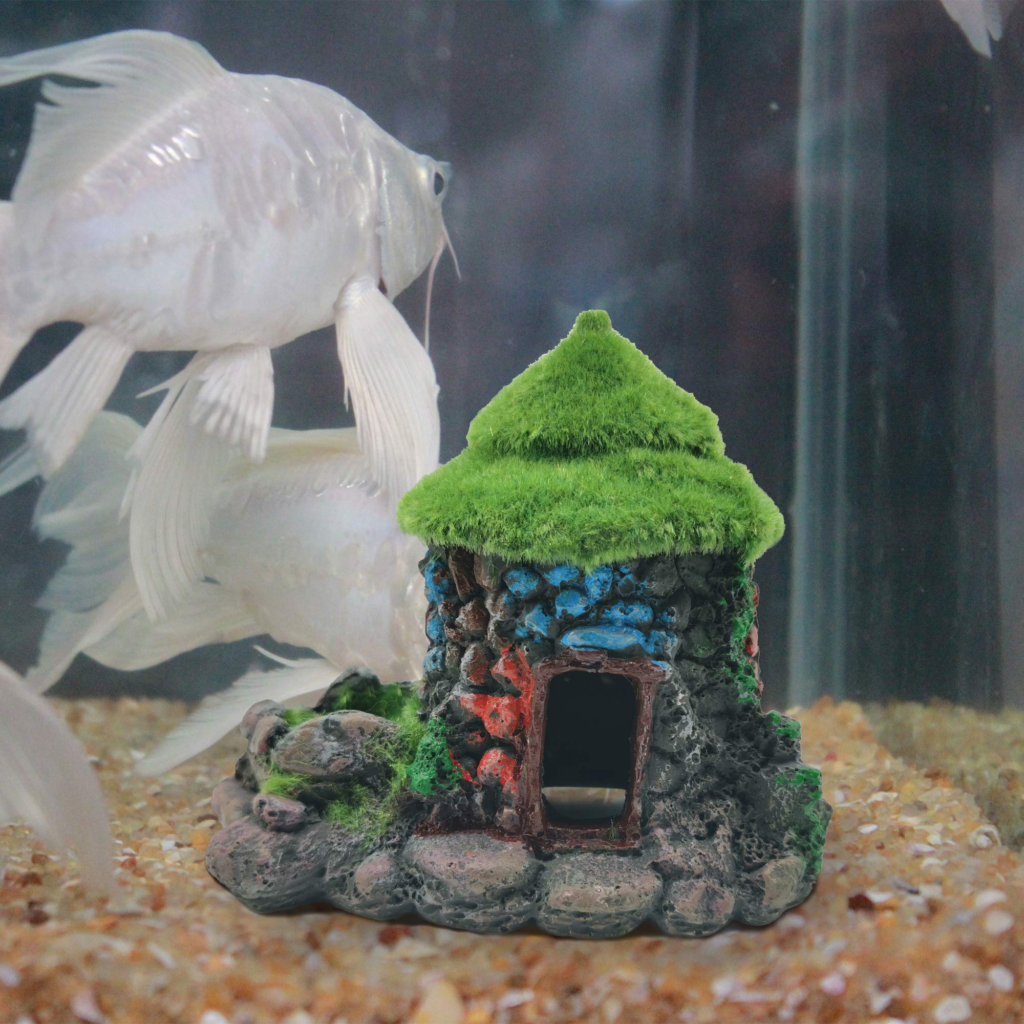 E.YOMOQGG Aquarium Ornament Hollow House Castle - Artificial Resin Hideaway Tree Trunk with Moss for Betta Fish, Small Lizards & Aquatic Pets | Fish Tank Decoration Accessories for Sleep, Rest & Play | Perfect for Tropical, Freshwater & Nano Aquariums