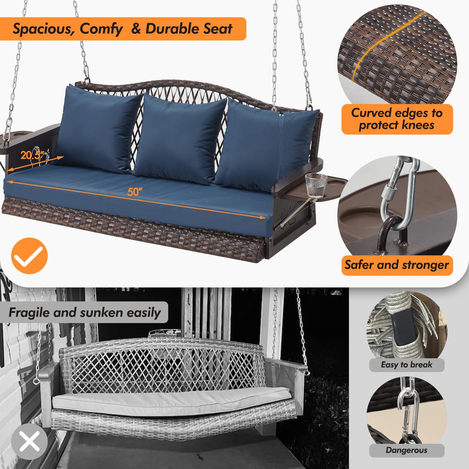 Heavy Duty 900 LBS Capacity 3-Seat Wicker Hanging Porch Swing Chair with 8.9ft Chains - Outdoor Patio Swing Bench for Adults, Includes Cushions & Cup Holder - Perfect for Backyard, Garden, and Deck Relaxation