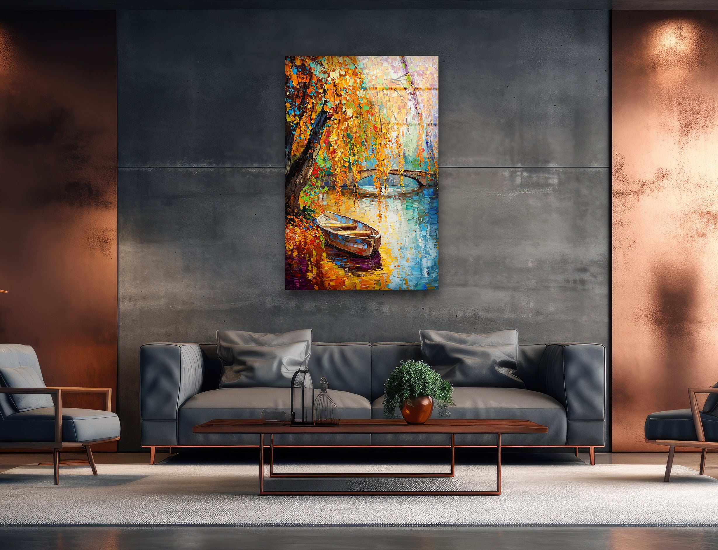 Vibrant Afremov Boat Painting - Stunning Glass Wall Art for Home & Office Decor - Perfect for Living Room, Bedroom, or Gift
