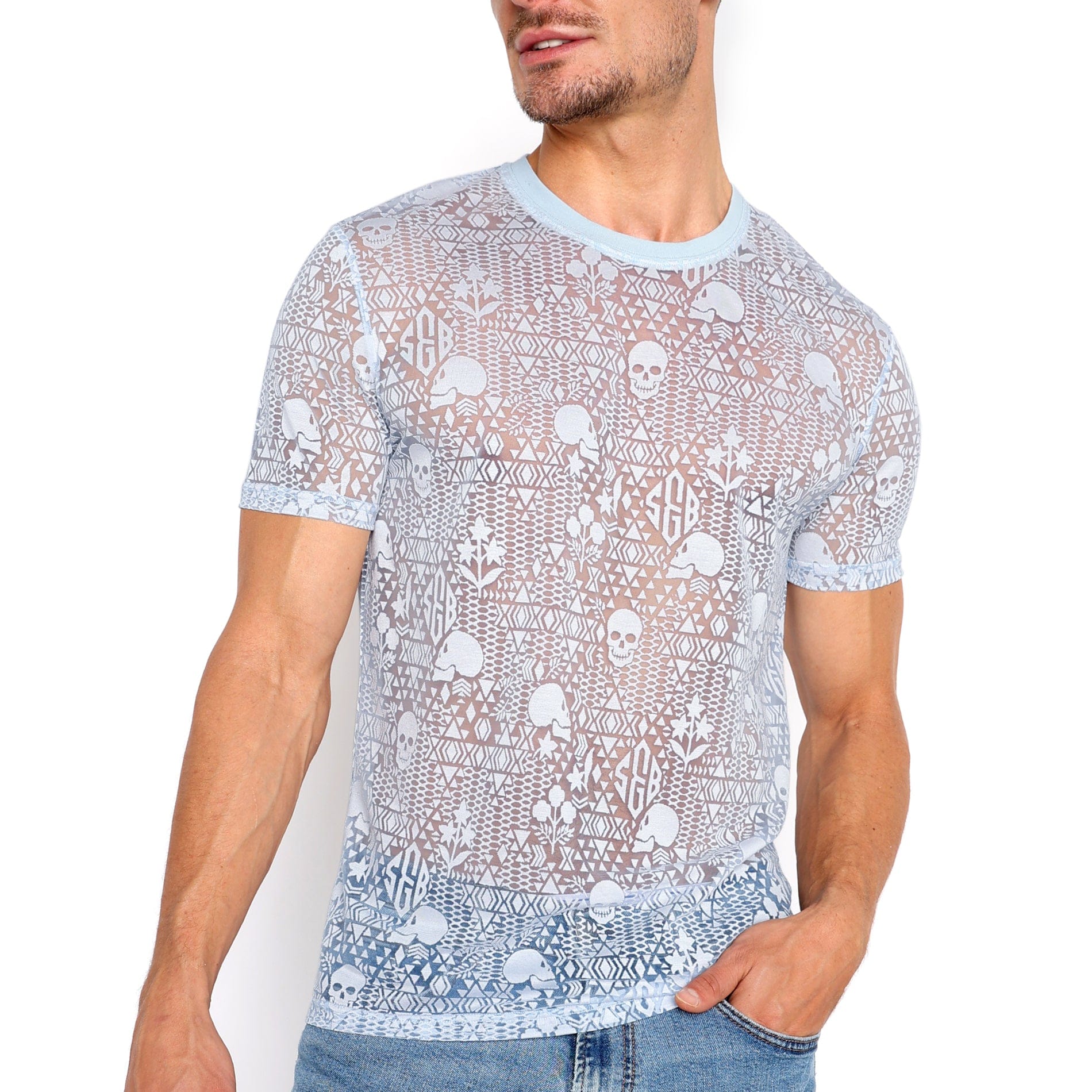 Skull & Bones Burnout Vintage T-Shirt - Distressed Blue Graphic Tee for Men | Gothic Streetwear, Casual Outfit & Festival Fashion