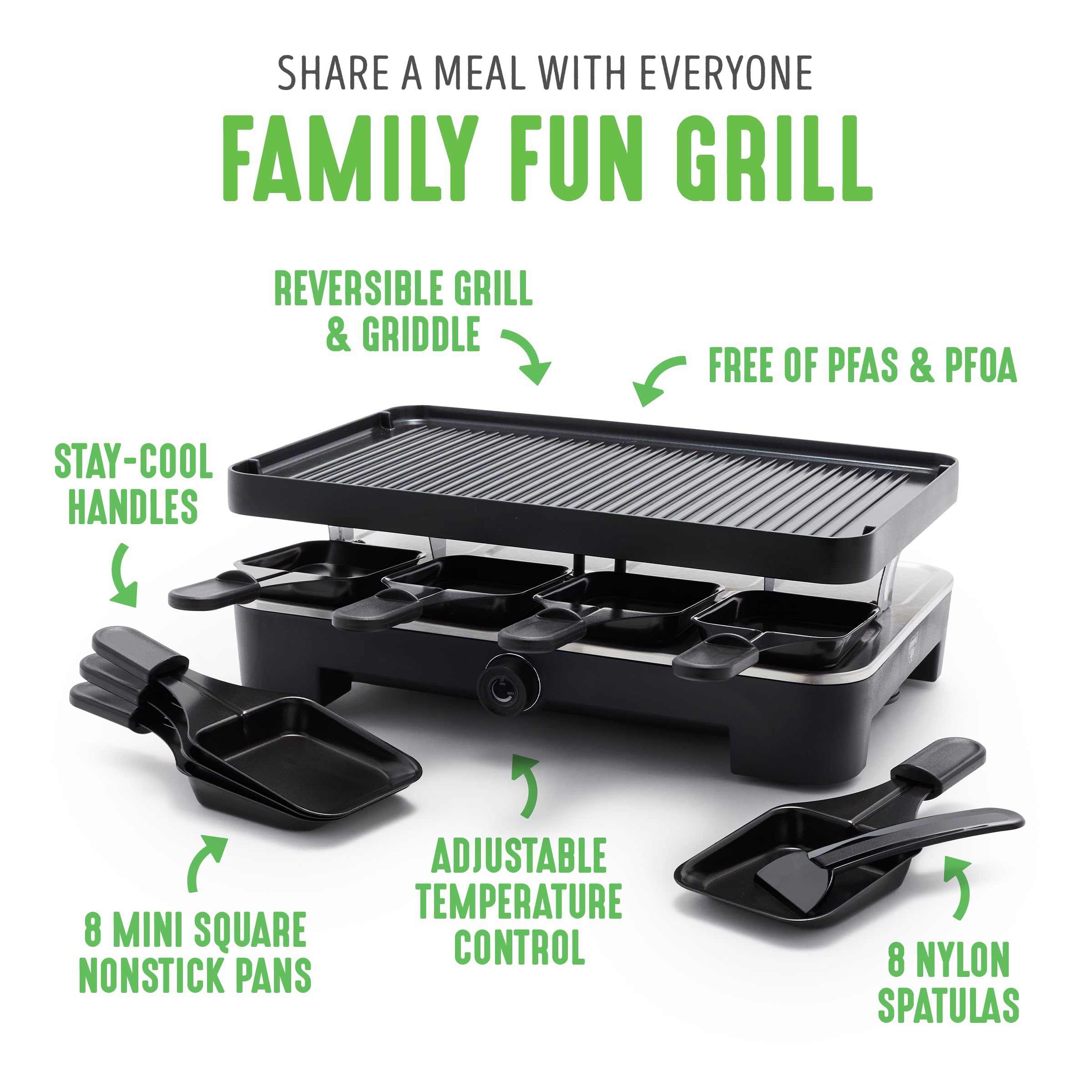 GreenLife Raclette Indoor Tabletop Grill - Healthy Ceramic Nonstick 2-in-1 Grill & Griddle with 8 Square Pans, Adjustable Temp Control & Indicator Light | PFAS-Free Black Electric Grill for Family Gatherings, Dinner Parties & Cozy Nights