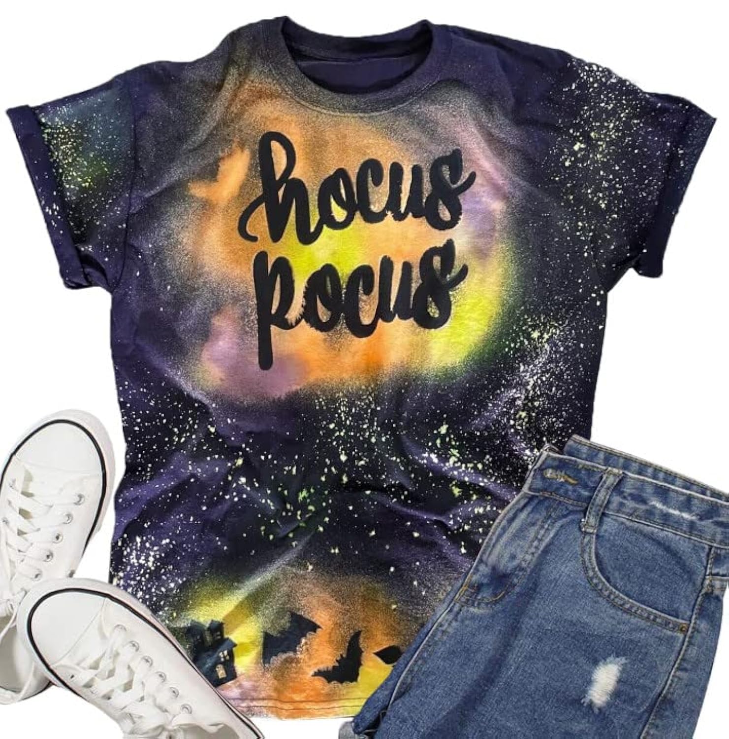 Women's Halloween T-Shirt | Hocus Pocus Sanderson Sisters Graphic Tee | Funny Bleach Print Halloween Shirt | Costume Party, Trick or Treat, Spooky Season Outfit