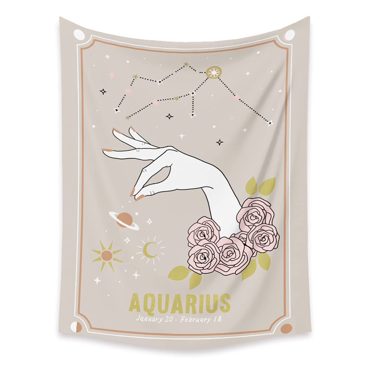 Shukqueen Aquarius Zodiac Tapestry with Rose, Moon & Stars - 39.3 x 59.1 Inch Bohemian Wall Hanging for Bedroom, Dorm, Living Room Decor | Perfect for Hippie Aesthetic, Meditation Spaces & Festival Backdrops (100x150cm)