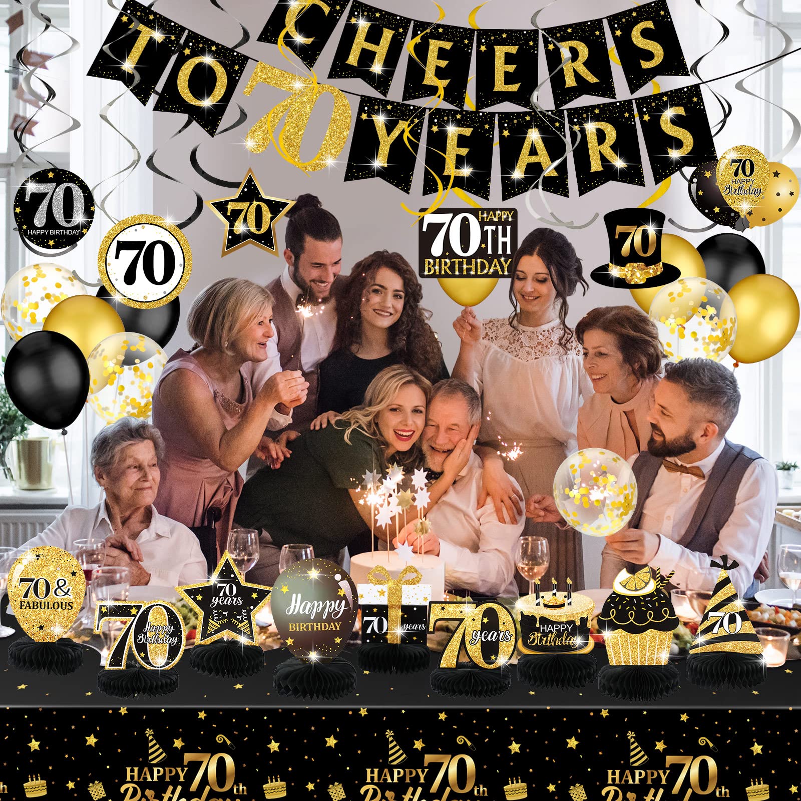 Zonon 70th Birthday Party Decorations Set - 35 Pcs Black Gold Cheers to 70 Years Banner, Tablecloth, Balloons & Centerpieces for Men & Women | Perfect for Milestone Celebrations, Retirement Parties & Anniversary Decor