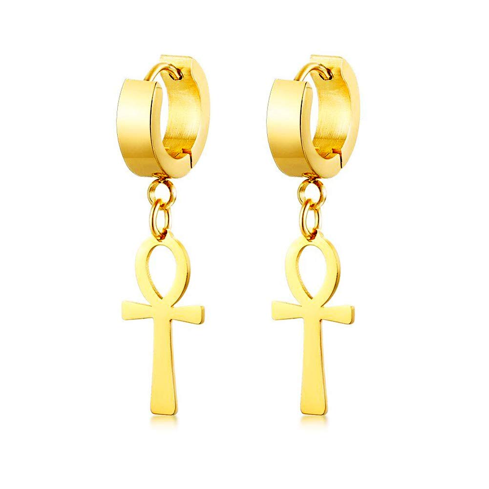 Egyptian Cleopatra Ankh Cross Dangle Hoop Earrings - Stainless Steel Tassel Chain Clip-On Jewelry for Men & Women (Gold) | Perfect for Costume Parties, Boho Fashion & Unique Gift Giving