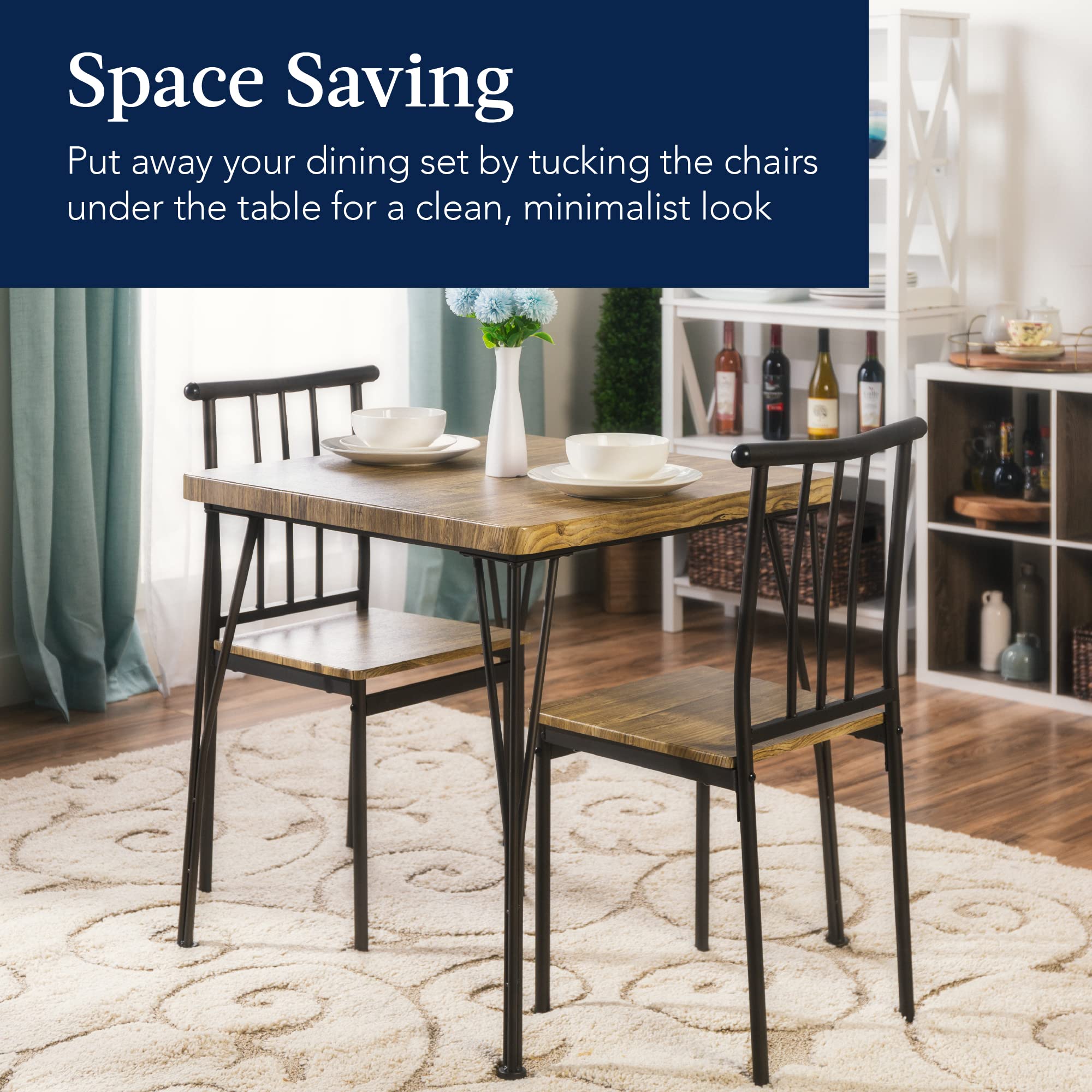 Best Choice Products 3-Piece Modern Dining Set - Square Wood & Metal Kitchen Table with 2 Chairs, Brown - Perfect for Dining Room, Breakfast Nook & Small Space Meals