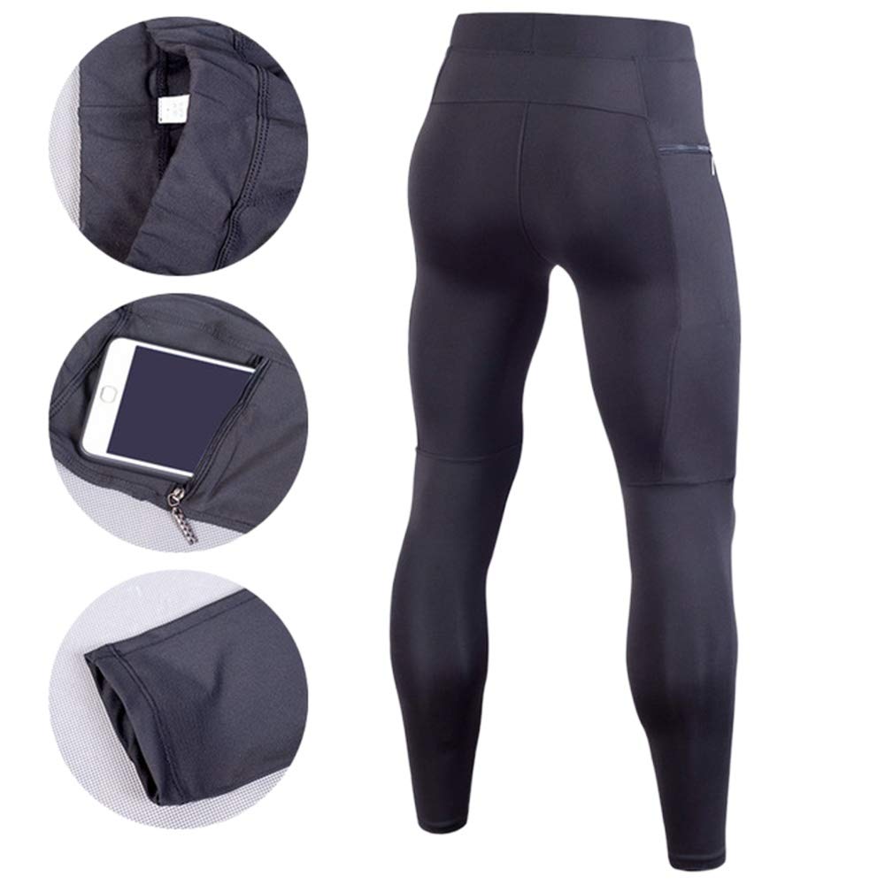 Men's Thermal Compression Leggings with Pockets - Cool Dry Tights for Workout & Running (Black, XL)