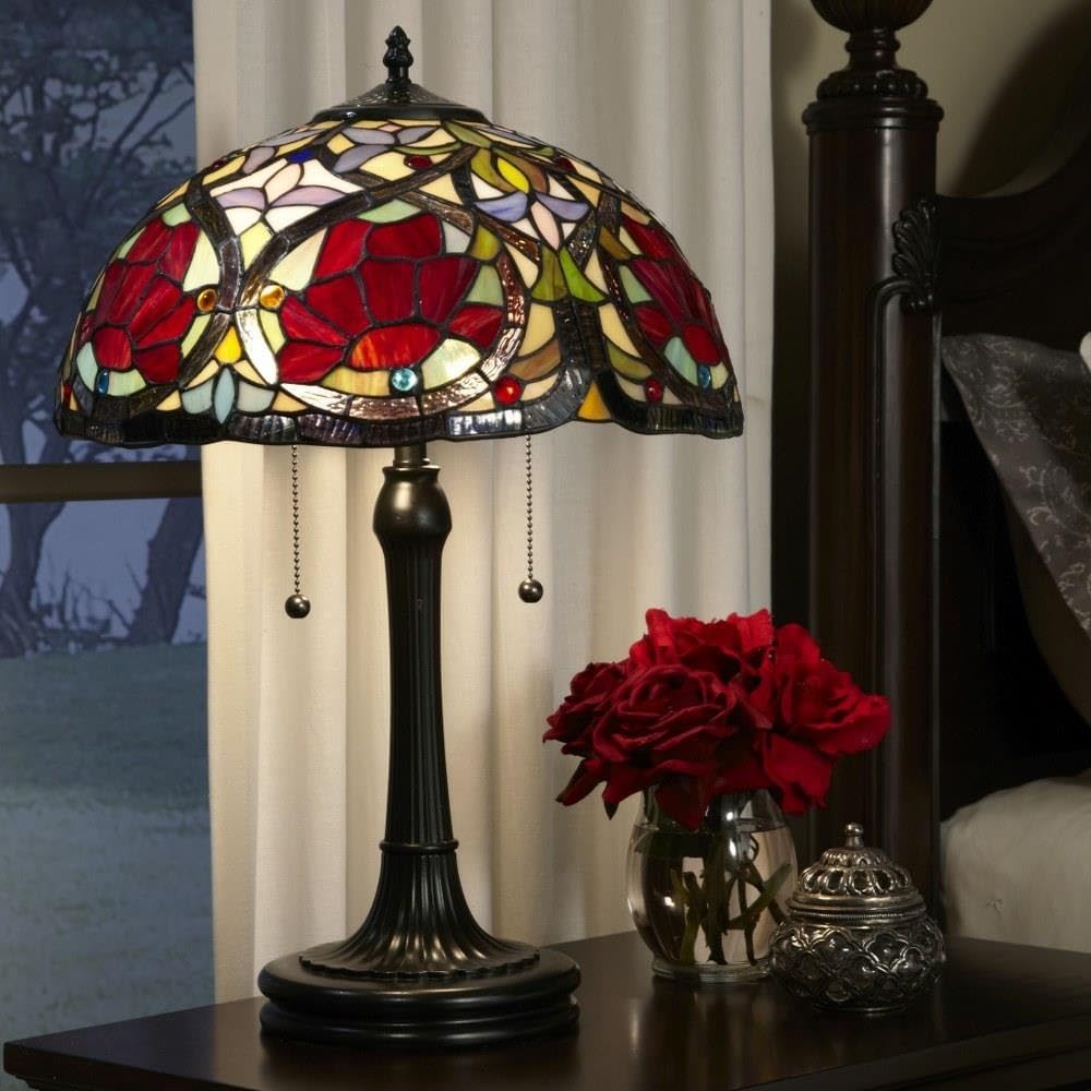 Vintage Bronze Tiffany Table Lamp with Floral Stained Glass - 2 Light Traditional Tiffany Style Lamp for Living Room, Bedroom & Office Decor