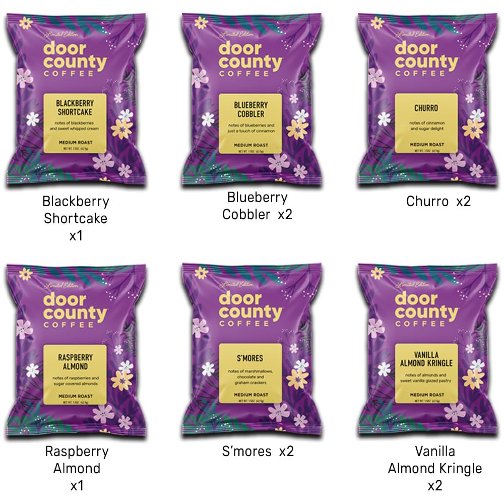 Gourmet Flavored Coffee Sampler Pack - 10 Unique Spring & Summer Flavored Coffees - Premium Roast by Door County Coffee - Perfect for Office, Home Brewing & Gifts