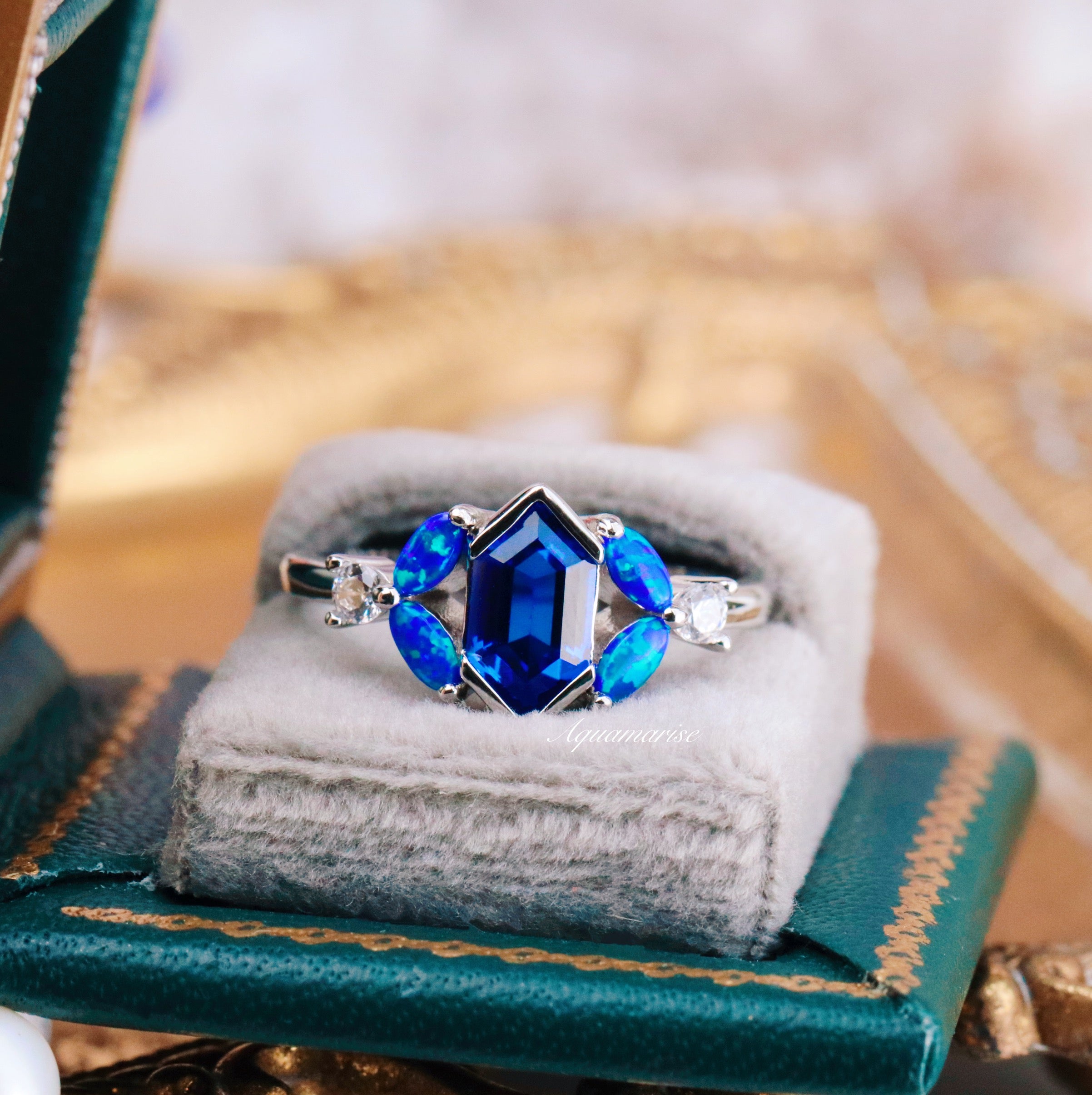 Blue Fire Opal & Sapphire Couples Ring - Matching Wedding Bands for Him & Her - Elegant Promise Rings for Anniversaries, Engagements & Romantic Gifts