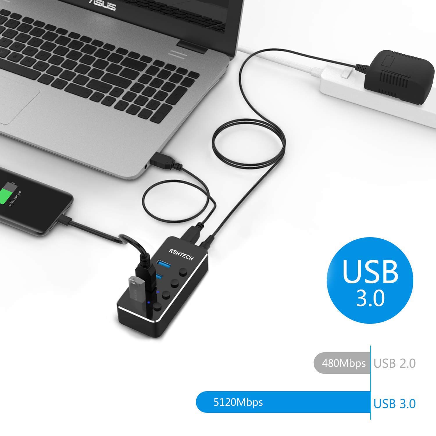 4-Port USB C Hub with On/Off Switches - Fast Charging for Laptop & Mobile