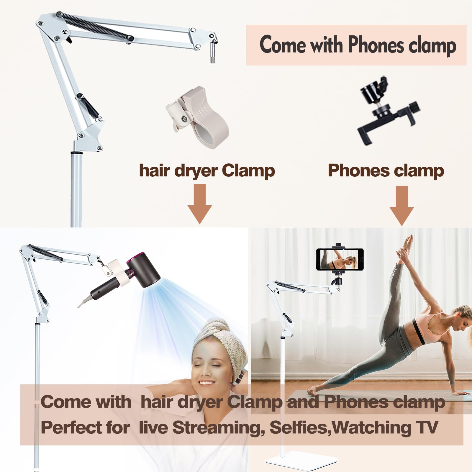 Hands Free Hair Dryer Stand Holder - Adjustable 360° Rotating Blow Dryer Stand with Clip, Compatible with 99% Hair Dryers for Salon & Home Use