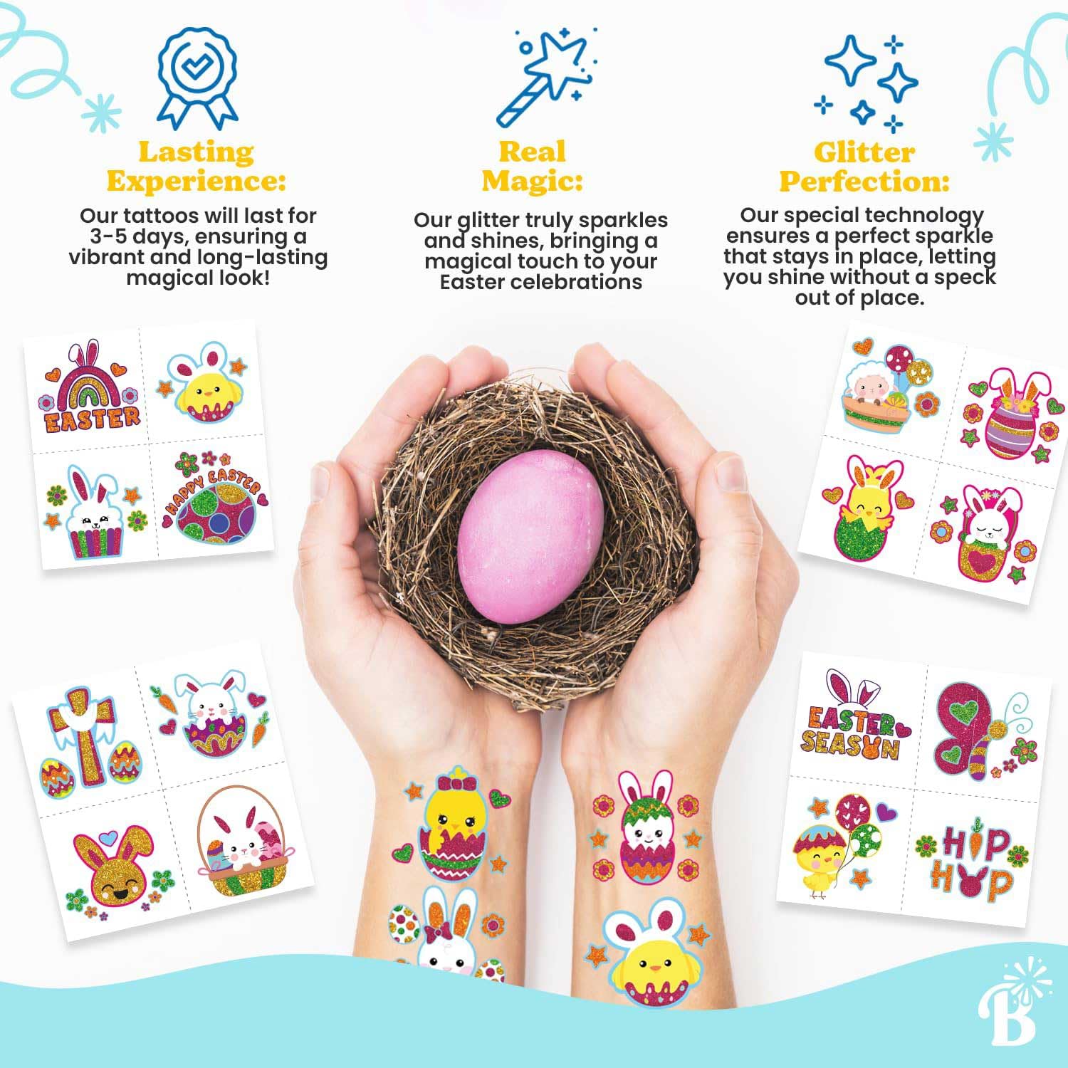 100pcs Glitter Temporary Tattoos for Kids - Easter Basket Stuffers, Party Favors, Goodie Bag Fillers | Non-Candy Easter Egg Trinkets, Face Gems for Classroom Activities, Birthday Parties & Holiday Celebrations (Girls & Boys)