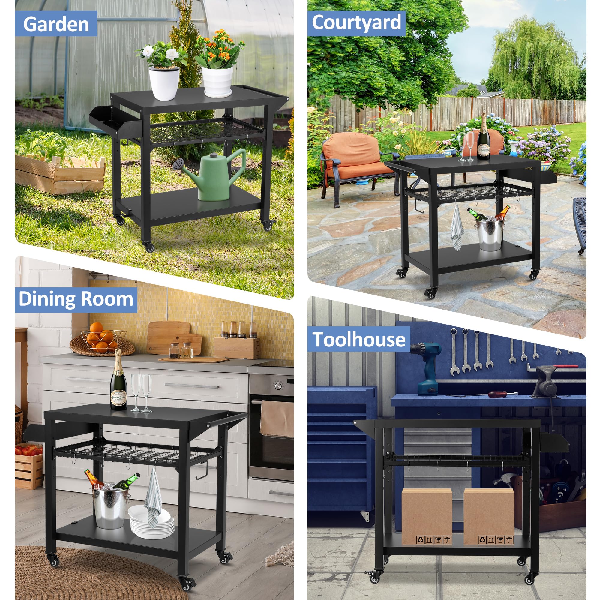 Spurgehom Grill Cart with Wheels - Outdoor Pizza Oven Stand & BBQ Prep Table | Portable Kitchen Cart with Mesh Racks for Patio, Backyard, Camping & Home Parties | Perfect for Outdoor Cooking, Dining & Entertaining