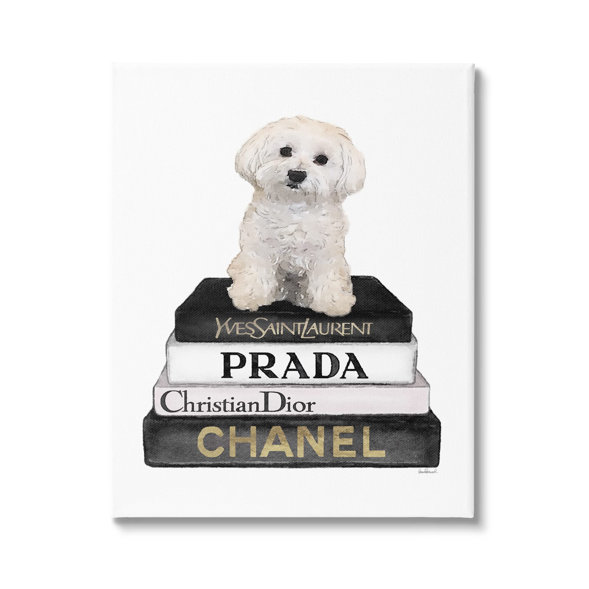 Stupell Industries Maltese Dog Glam Pet Fashion Bookstack Wall Art - Designed by Amanda Greenwood - Perfect for Dog Lovers' Home Decor, Living Room, Bedroom & Office