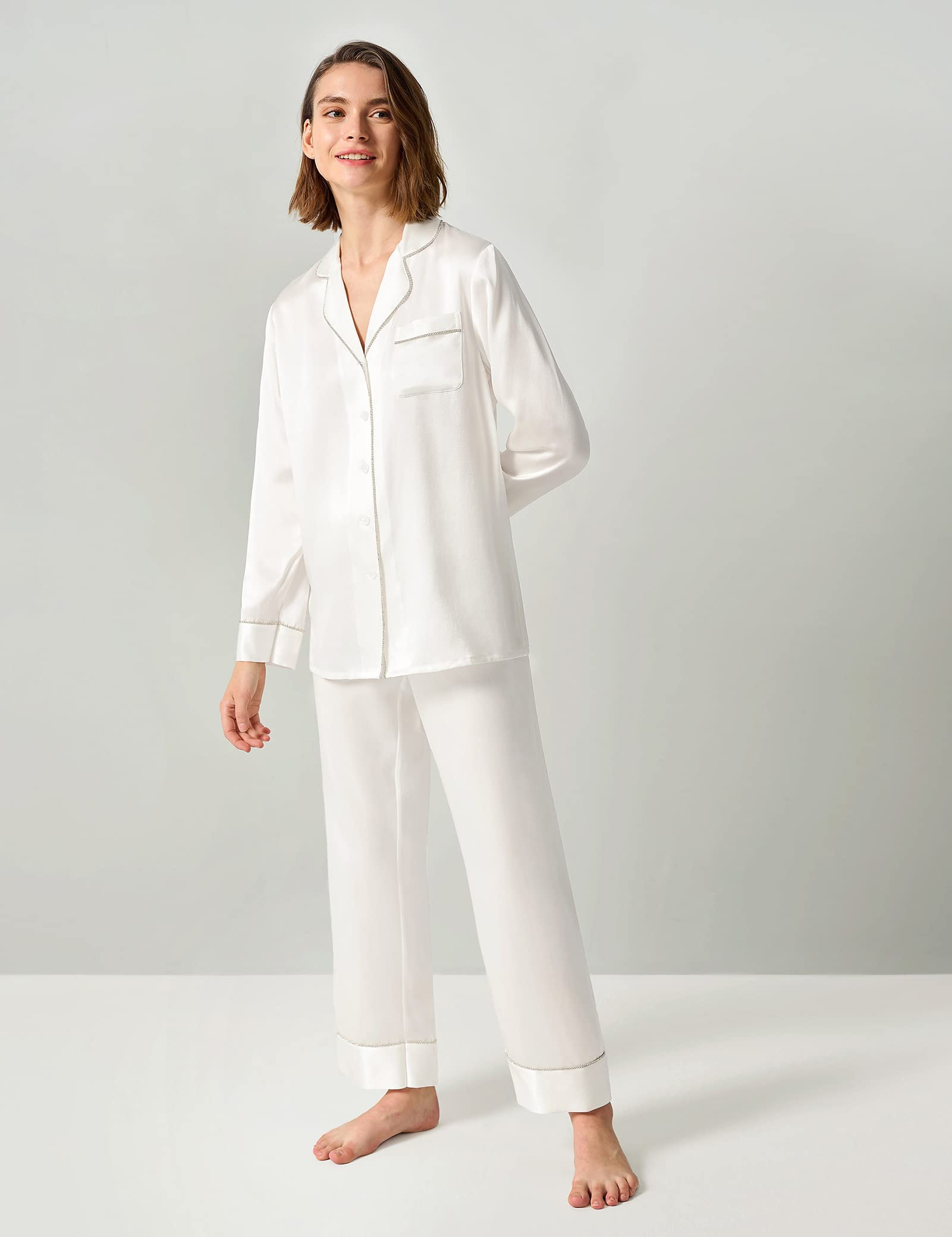 Luxury 100% Pure Silk Pajamas Set for Women - Elegant Rhinestone Trimmed Long Sleeve Sleepwear & Loungewear | Perfect for Relaxing at Home, Spa Days & Romantic Getaways