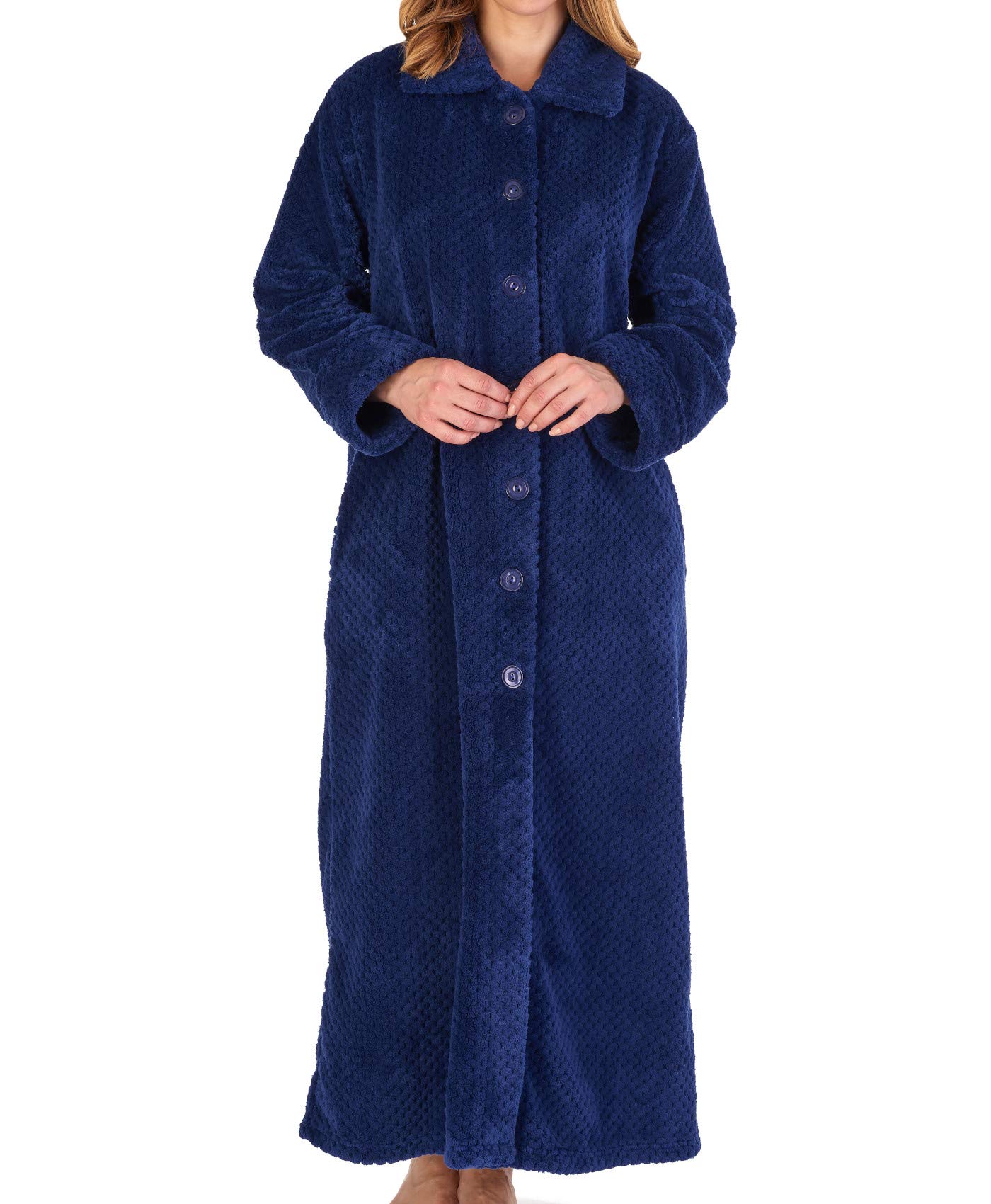 Slenderella Long Length Luxury Waffle Fleece Button Front Robe - Cozy Loungewear for Home Relaxation & Spa Days